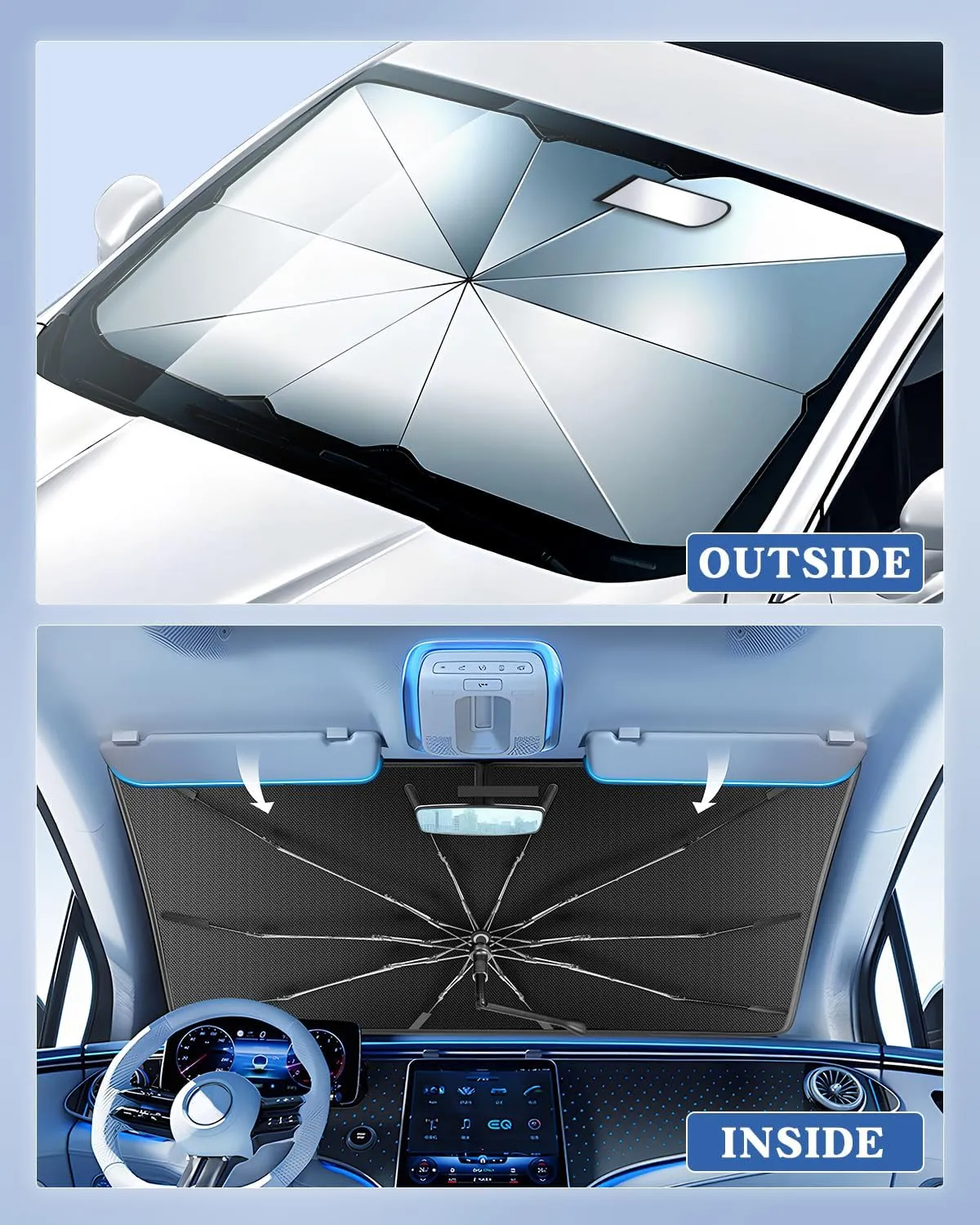 Portable Windshield Sunshade Umbrella Custom Fit for GMC Sierra 1500 2500 3500 2019-2025, 2 in1 Ice Crystal Durable Compact Shade Umbrella UPF50  UV Front Window Heat Insulation Protection