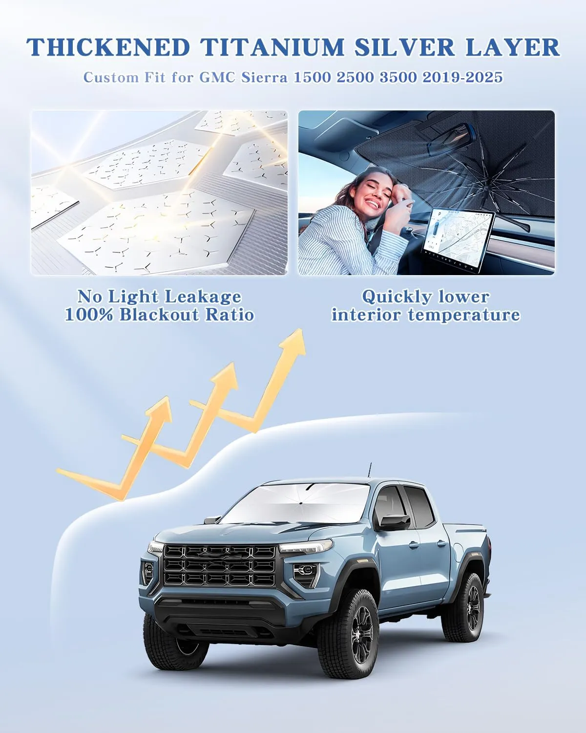 Portable Windshield Sunshade Umbrella Custom Fit for GMC Sierra 1500 2500 3500 2019-2025, 2 in1 Ice Crystal Durable Compact Shade Umbrella UPF50  UV Front Window Heat Insulation Protection