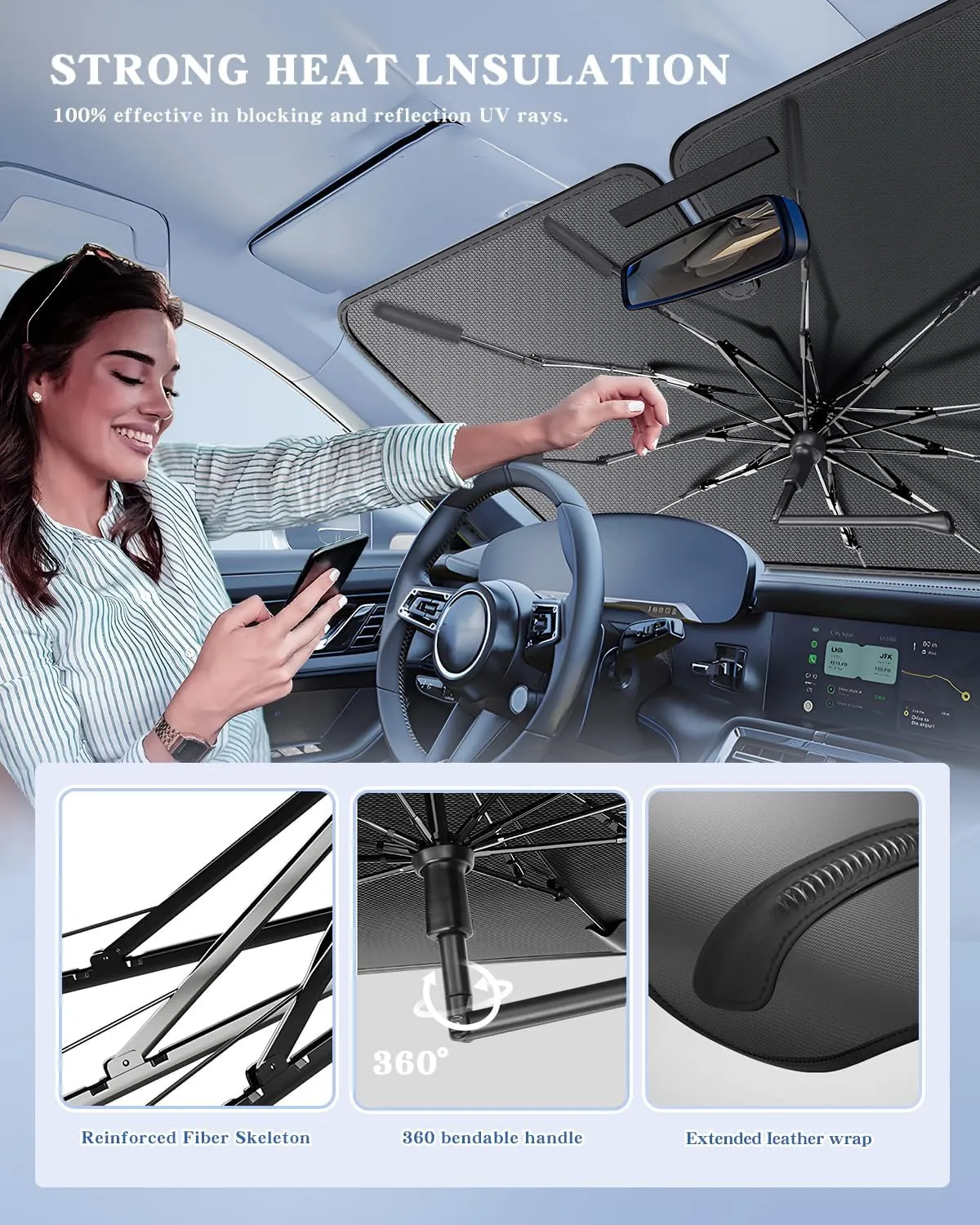 Portable Windshield Sunshade Umbrella Custom Fit for GMC Sierra 1500 2500 3500 2019-2025, 2 in1 Ice Crystal Durable Compact Shade Umbrella UPF50  UV Front Window Heat Insulation Protection
