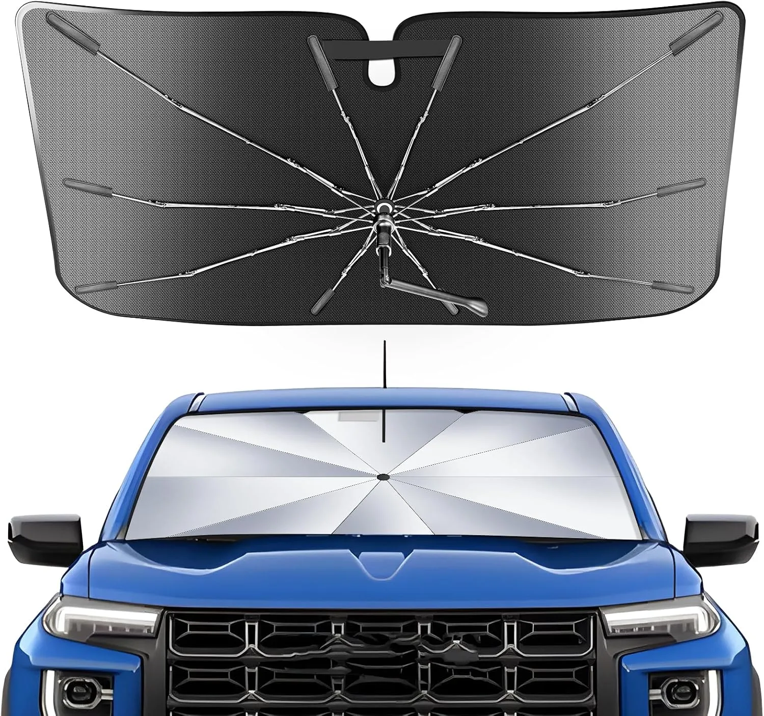 Portable Windshield Sunshade Umbrella Custom Fit for GMC Sierra 1500 2500 3500 2019-2025, 2 in1 Ice Crystal Durable Compact Shade Umbrella UPF50  UV Front Window Heat Insulation Protection