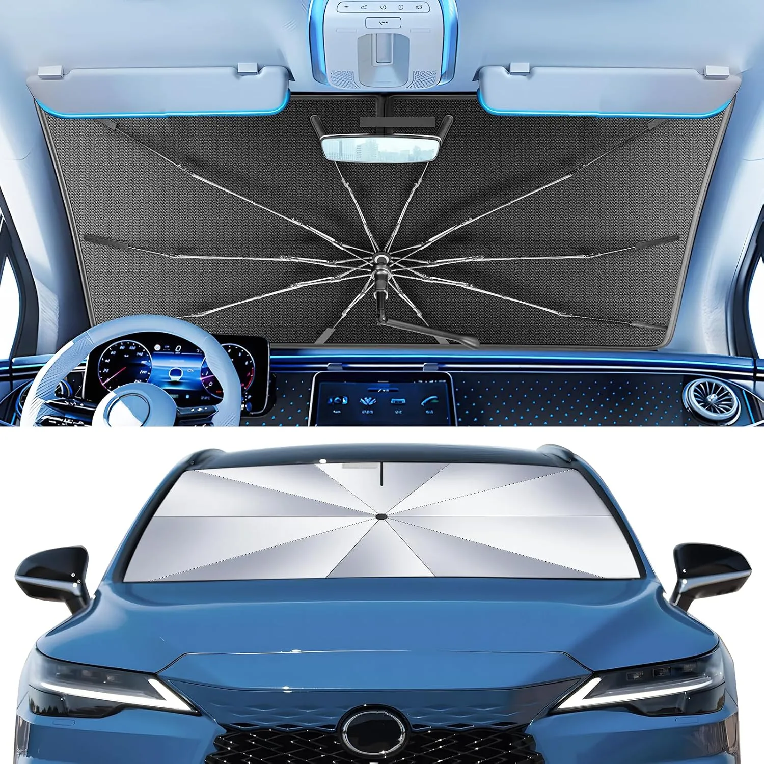 Portable Windshield Sunshade Umbrella for 2023-2025 Lexus RX Models 350/350h/350 F Sport/ 350L, 2 in1 Ice Crystal Durable Compact Shade Umbrella UPF50  UV Front Window Protection Outdoor Camping