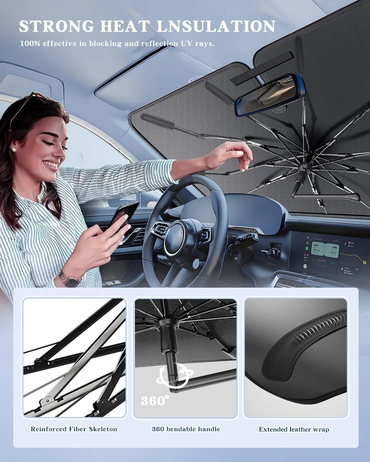 Portable Windshield Sunshade Umbrella for 2023-2025 Lexus RX Models 350/350h/350 F Sport/ 350L, 2 in1 Ice Crystal Durable Compact Shade Umbrella UPF50  UV Front Window Protection Outdoor Camping