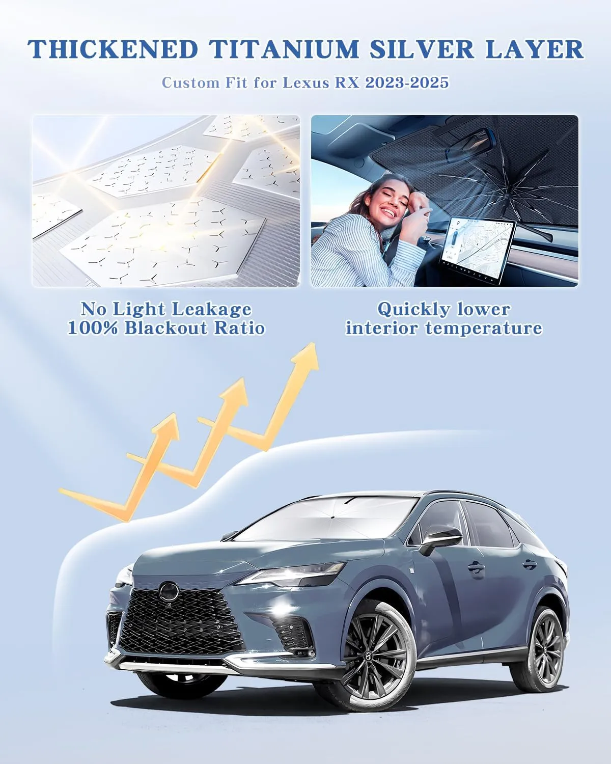 Portable Windshield Sunshade Umbrella for 2023-2025 Lexus RX Models 350/350h/350 F Sport/ 350L, 2 in1 Ice Crystal Durable Compact Shade Umbrella UPF50  UV Front Window Protection Outdoor Camping
