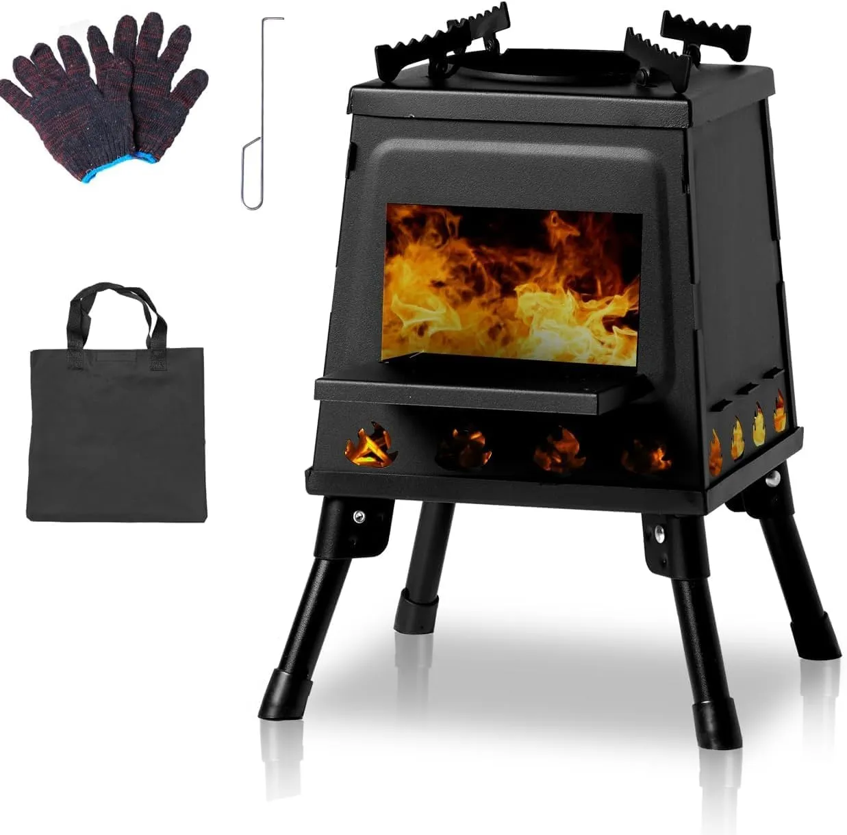 Portable Wood Burning Camping Stove Set, Camping Backpacking Stove Folding Wood Stove for Outdoor Cooking Hiking Camping Picnic Stove with Storage Bag, Firewood Hook, Gloves(11x11x13in)