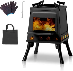 Portable Wood Burning Camping Stove Set, Camping Backpacking Stove Folding Wood Stove for Outdoor Cooking Hiking Camping Picnic Stove with Storage Bag, Firewood Hook, Gloves(11x11x13in)