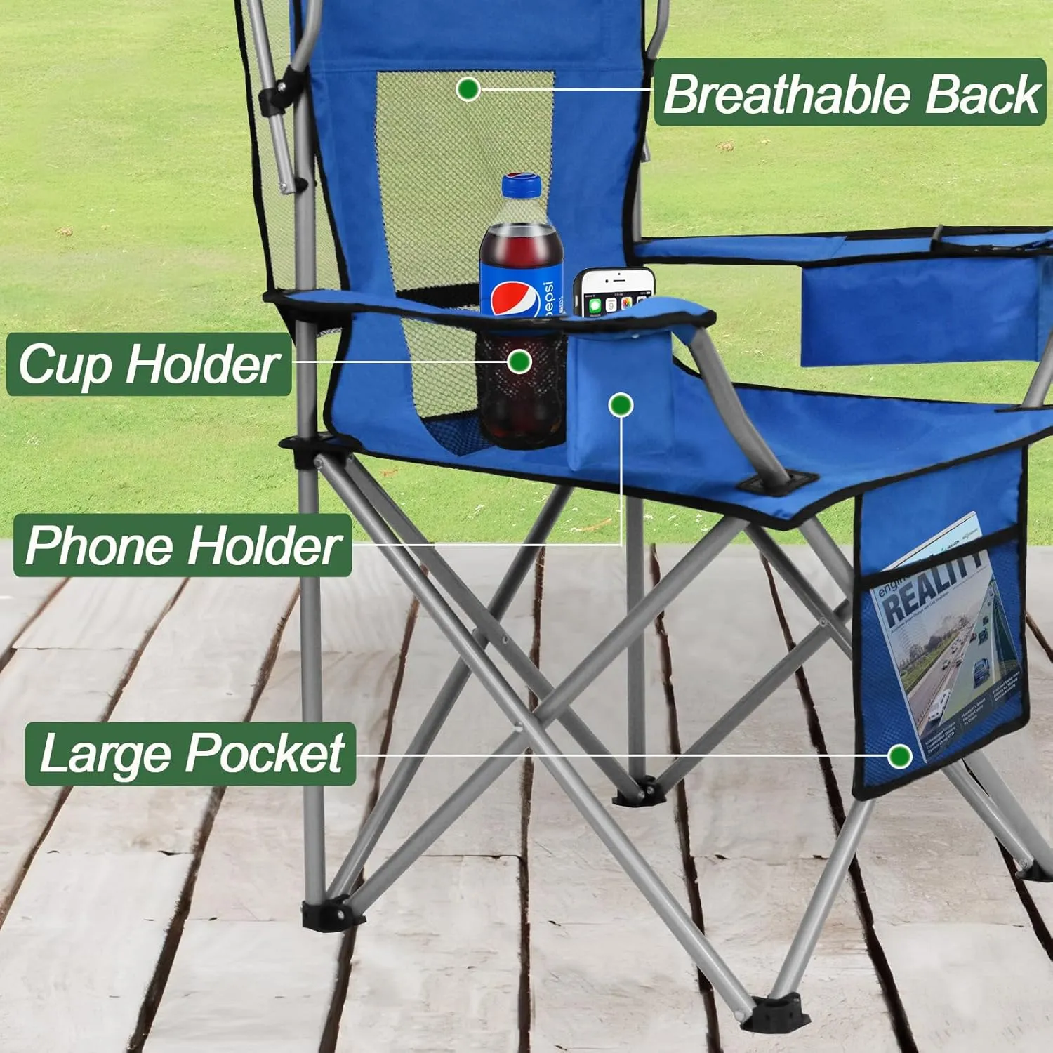 ptlsy Camping Chair with Adjustable Shade Canopy, Portable Folding Chair for Adults, Heavy Duty Outdoor Sports, Beach, Camping, Fishing - Phone & Cup Holder, Cooler Bag, Supports 330LBS