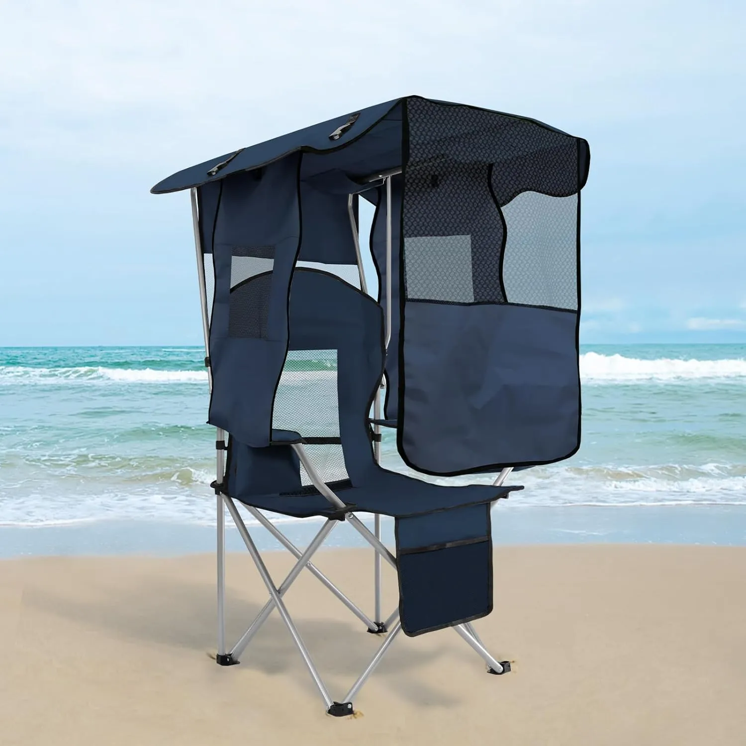 ptlsy Camping Chair with Adjustable Shade Canopy, Portable Folding Chair for Adults, Heavy Duty Outdoor Sports, Beach, Camping, Fishing - Phone & Cup Holder, Cooler Bag, Supports 330LBS