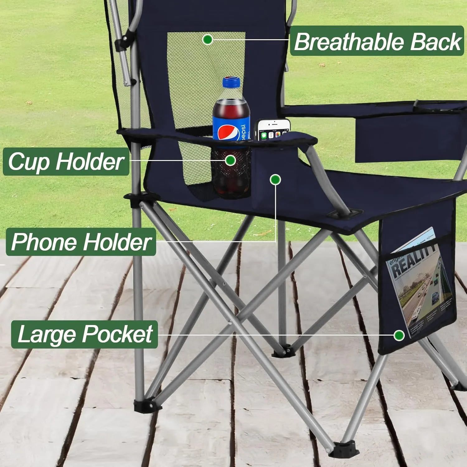 ptlsy Camping Chair with Adjustable Shade Canopy, Portable Folding Chair for Adults, Heavy Duty Outdoor Sports, Beach, Camping, Fishing - Phone & Cup Holder, Cooler Bag, Supports 330LBS