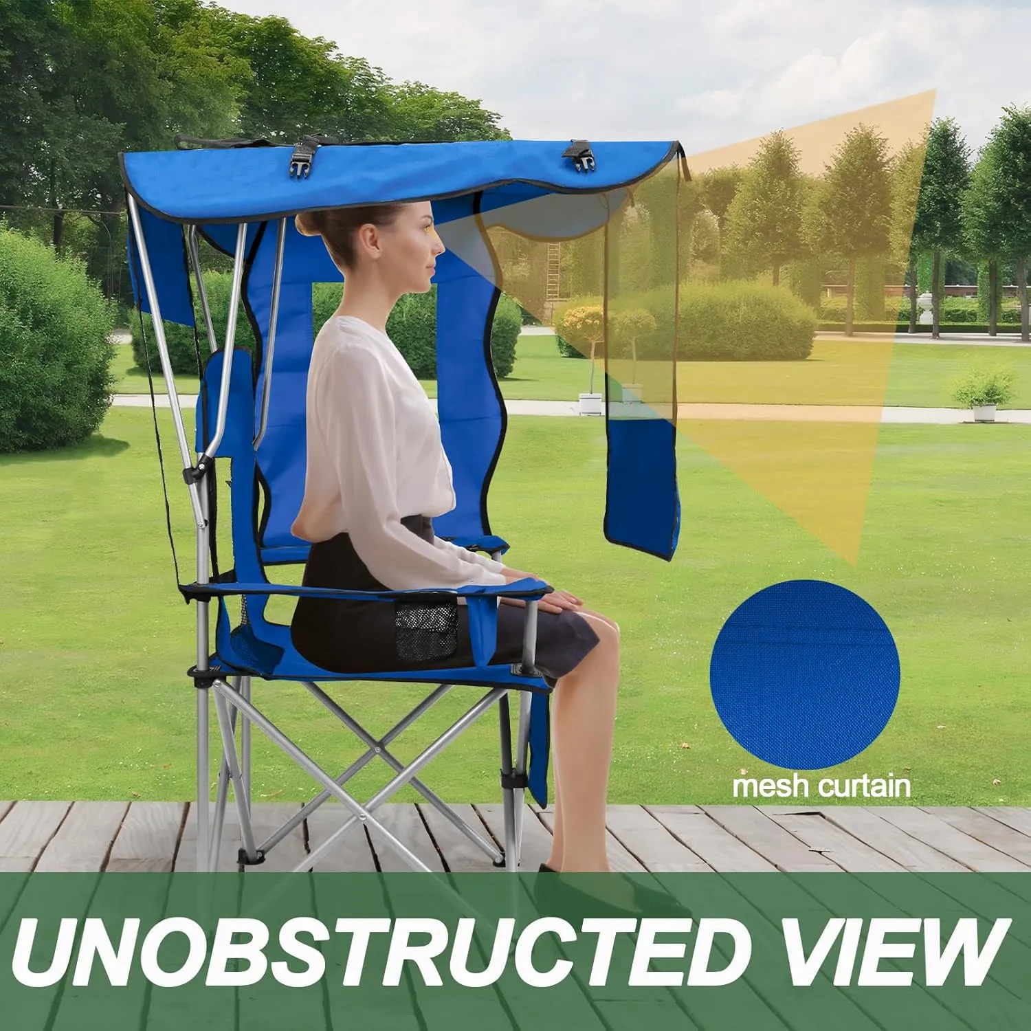 ptlsy Camping Chair with Adjustable Shade Canopy, Portable Folding Chair for Adults, Heavy Duty Outdoor Sports, Beach, Camping, Fishing - Phone & Cup Holder, Cooler Bag, Supports 330LBS