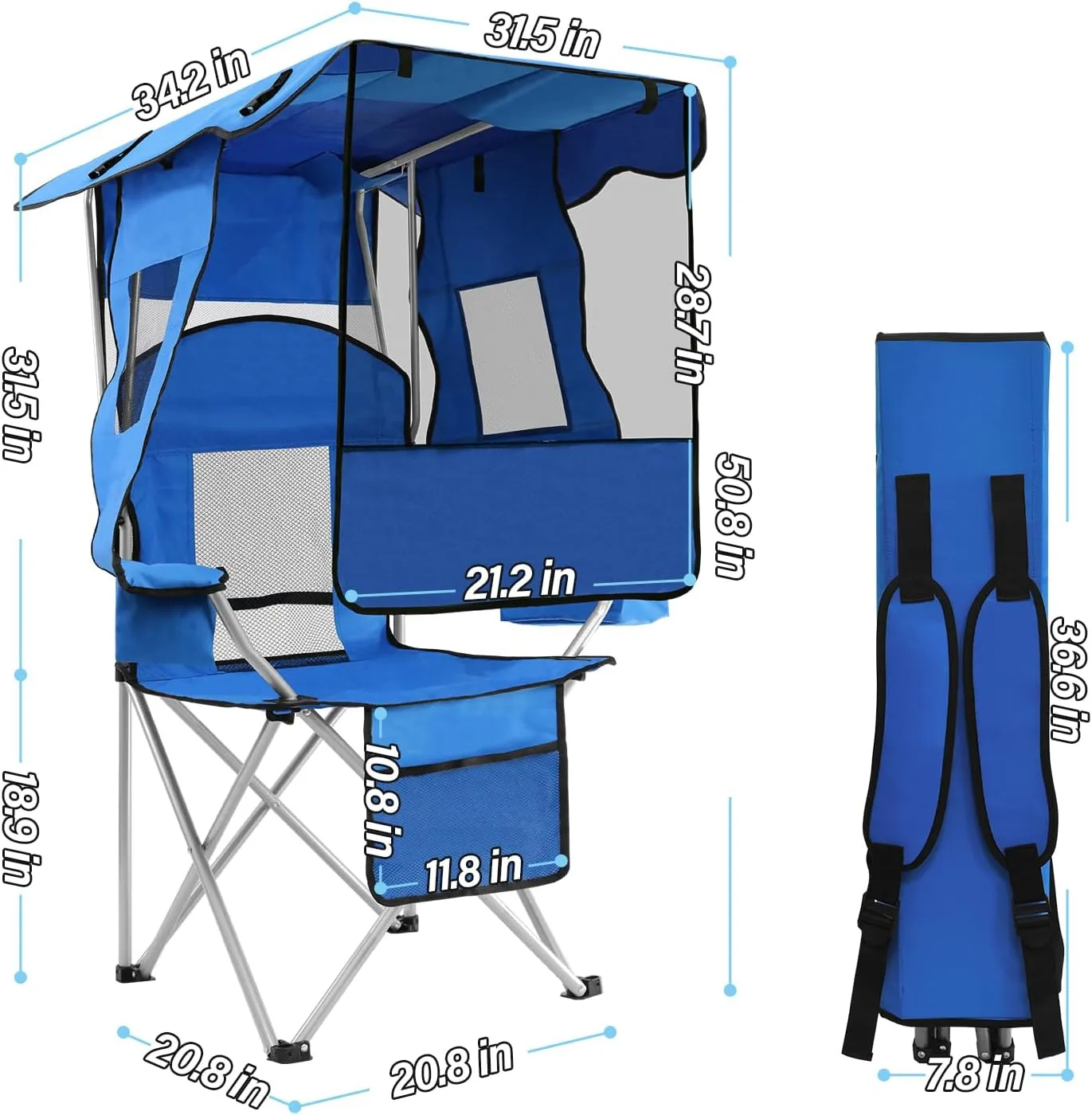ptlsy Camping Chair with Adjustable Shade Canopy, Portable Folding Chair for Adults, Heavy Duty Outdoor Sports, Beach, Camping, Fishing - Phone & Cup Holder, Cooler Bag, Supports 330LBS