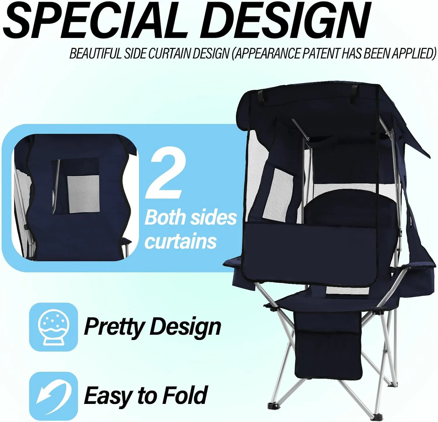 ptlsy Camping Chair with Adjustable Shade Canopy, Portable Folding Chair for Adults, Heavy Duty Outdoor Sports, Beach, Camping, Fishing - Phone & Cup Holder, Cooler Bag, Supports 330LBS