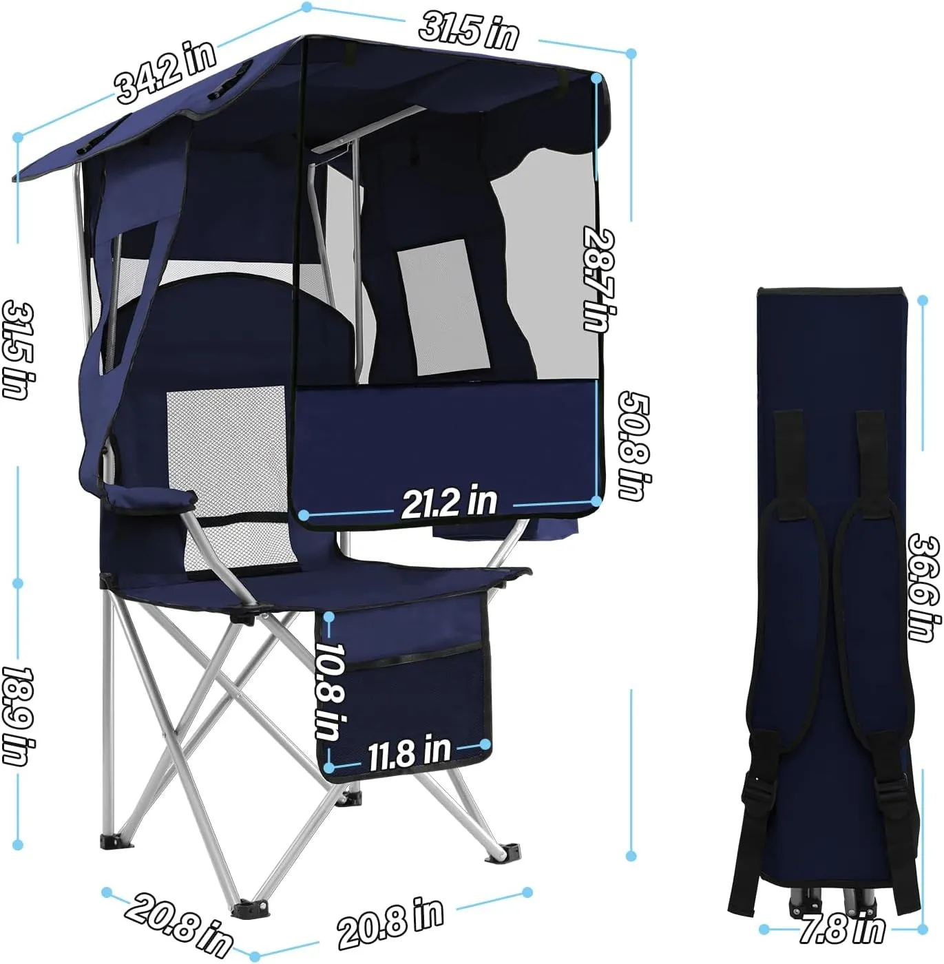 ptlsy Camping Chair with Adjustable Shade Canopy, Portable Folding Chair for Adults, Heavy Duty Outdoor Sports, Beach, Camping, Fishing - Phone & Cup Holder, Cooler Bag, Supports 330LBS