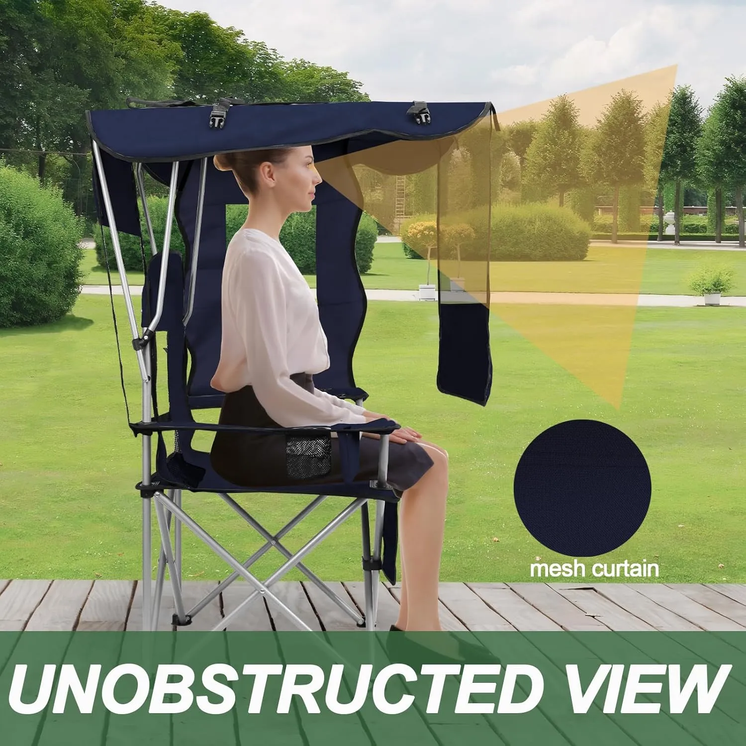 ptlsy Camping Chair with Adjustable Shade Canopy, Portable Folding Chair for Adults, Heavy Duty Outdoor Sports, Beach, Camping, Fishing - Phone & Cup Holder, Cooler Bag, Supports 330LBS