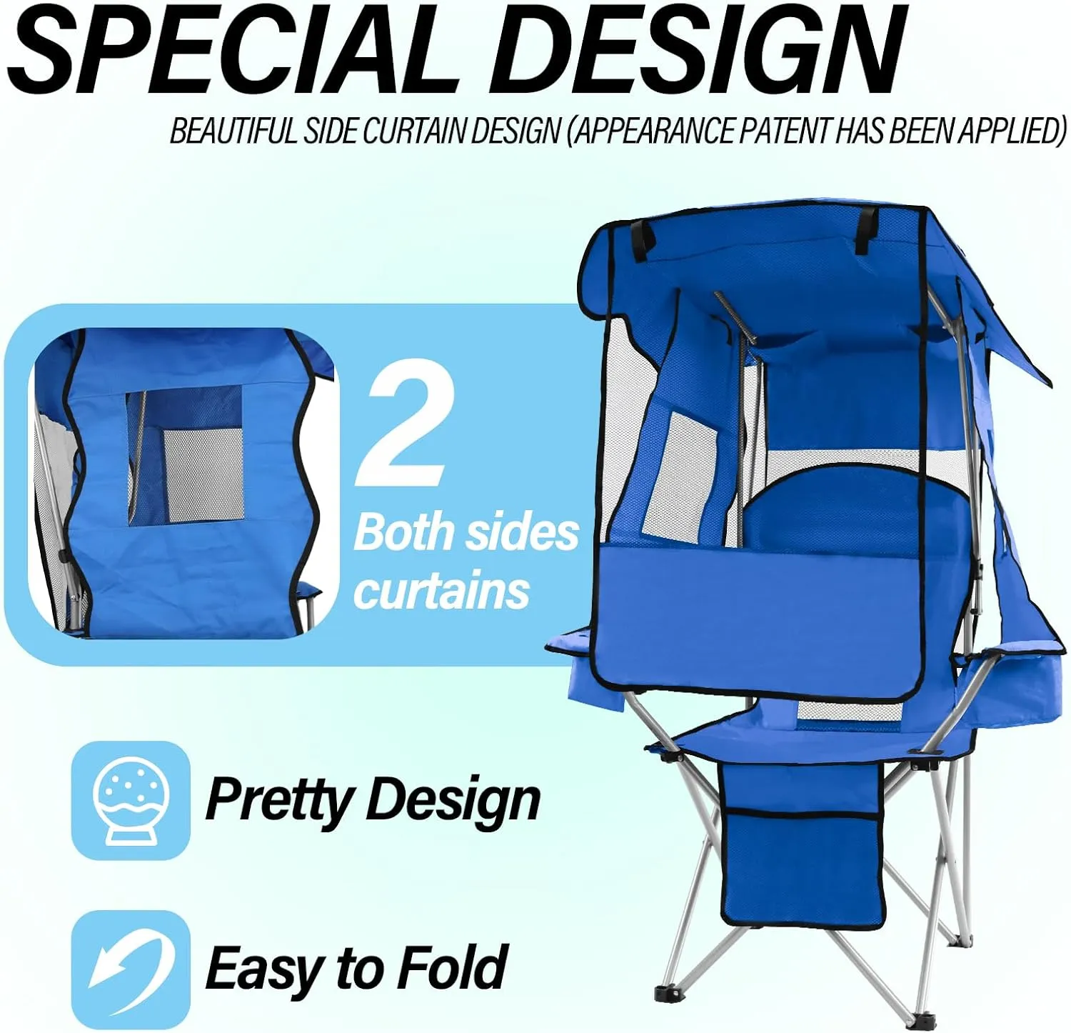 ptlsy Camping Chair with Adjustable Shade Canopy, Portable Folding Chair for Adults, Heavy Duty Outdoor Sports, Beach, Camping, Fishing - Phone & Cup Holder, Cooler Bag, Supports 330LBS