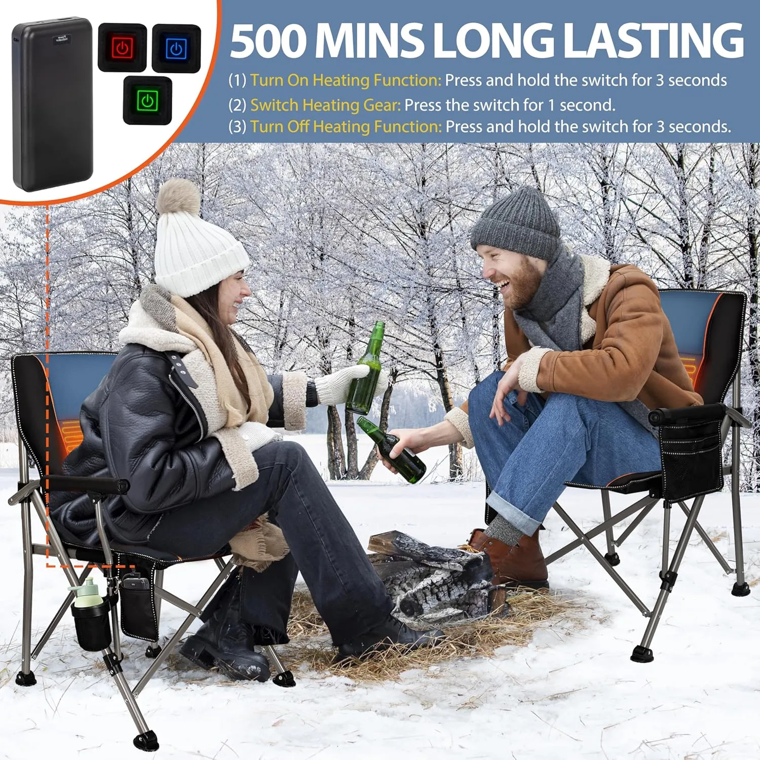 QUYUAN Heated Camping Chair with 20,000 mAh Battery, Fully Padded Heated Camp Chairs, Loog-Lasting for 500 Mins, Heavy Duty Folding Chairs Supports 500 lbs for Camping, Outdoor Sports, Picnics, Beach