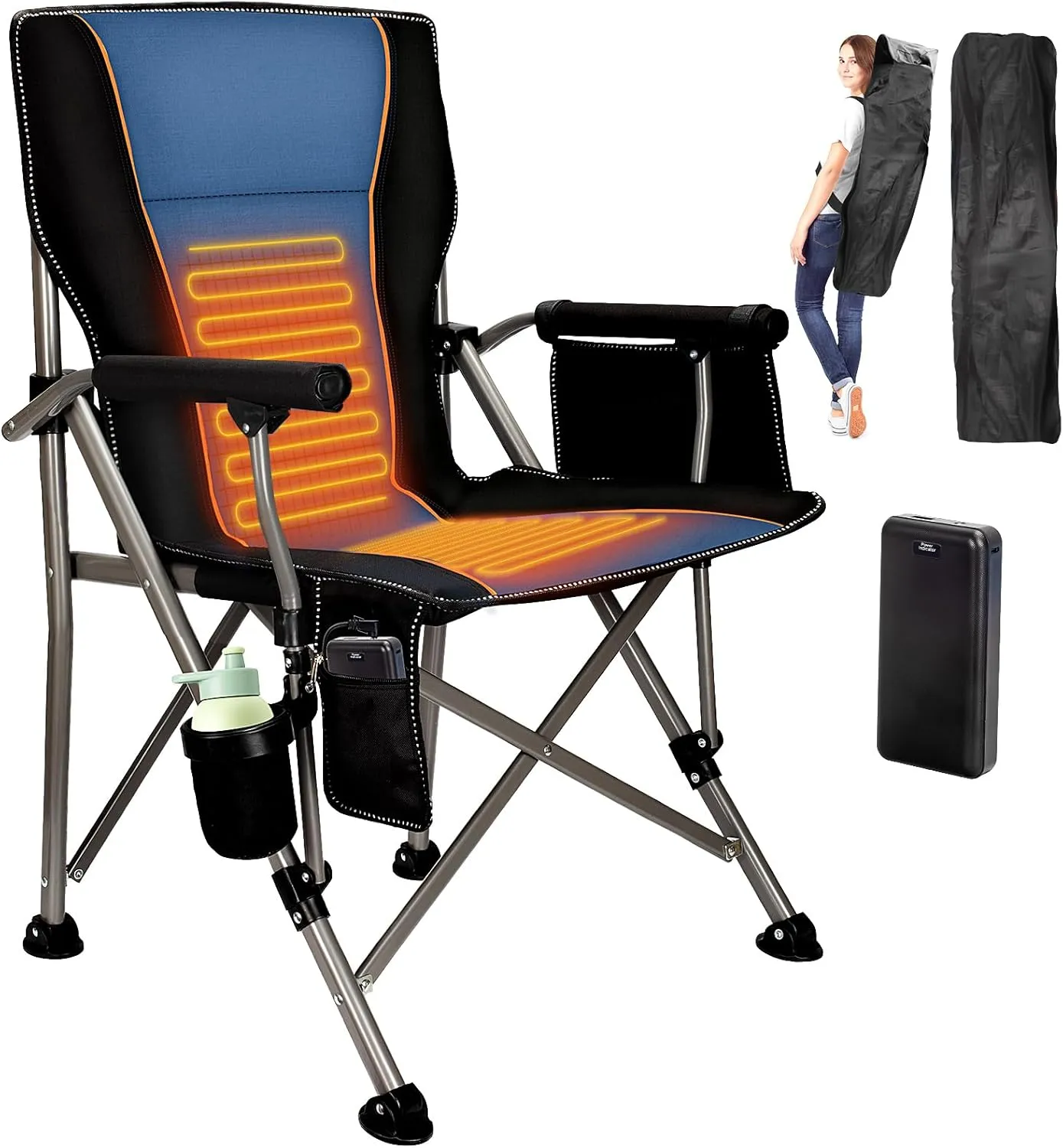 QUYUAN Heated Camping Chair with 20,000 mAh Battery, Fully Padded Heated Camp Chairs, Loog-Lasting for 500 Mins, Heavy Duty Folding Chairs Supports 500 lbs for Camping, Outdoor Sports, Picnics, Beach