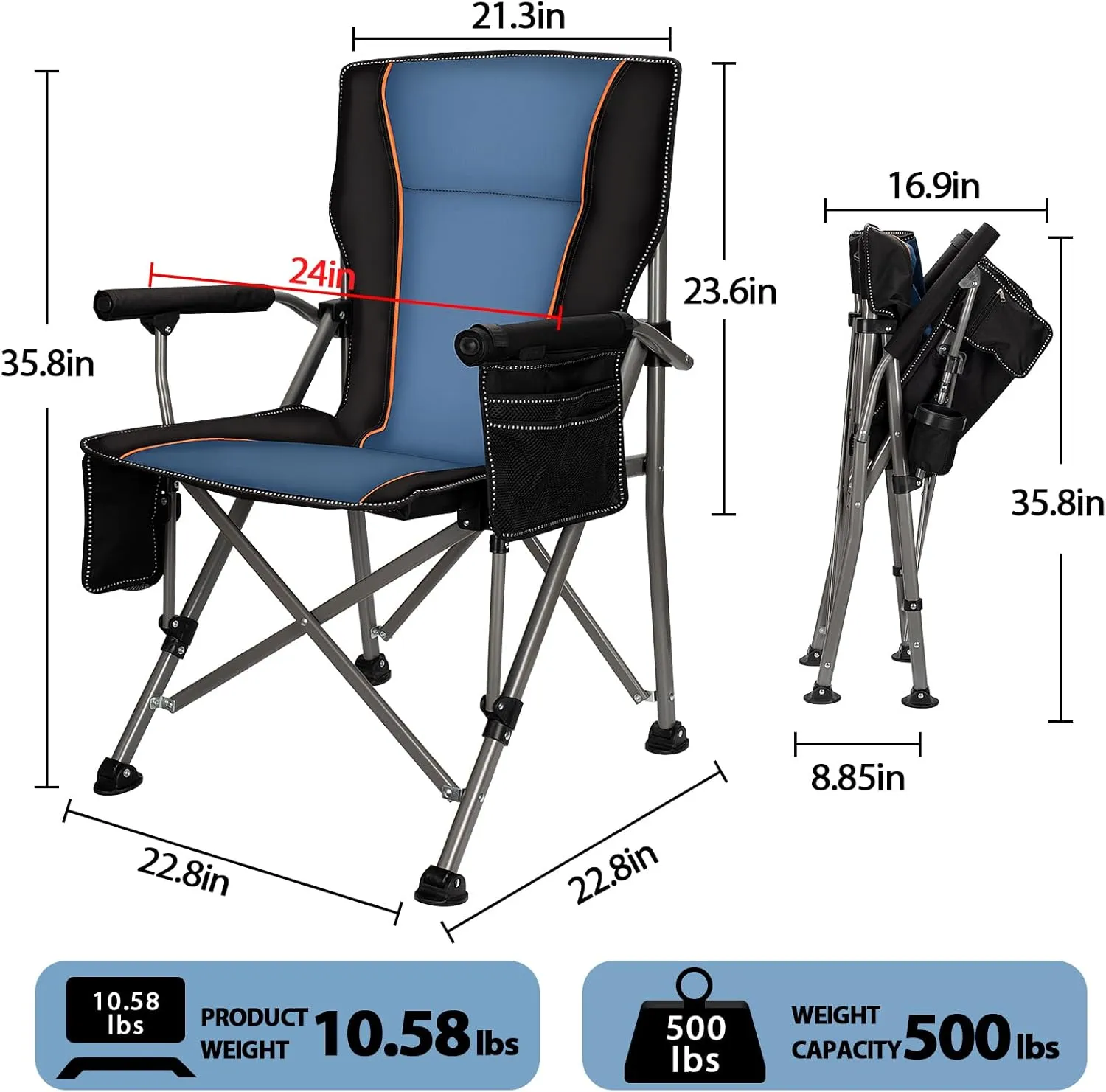 QUYUAN Heated Camping Chair with 20,000 mAh Battery, Fully Padded Heated Camp Chairs, Loog-Lasting for 500 Mins, Heavy Duty Folding Chairs Supports 500 lbs for Camping, Outdoor Sports, Picnics, Beach
