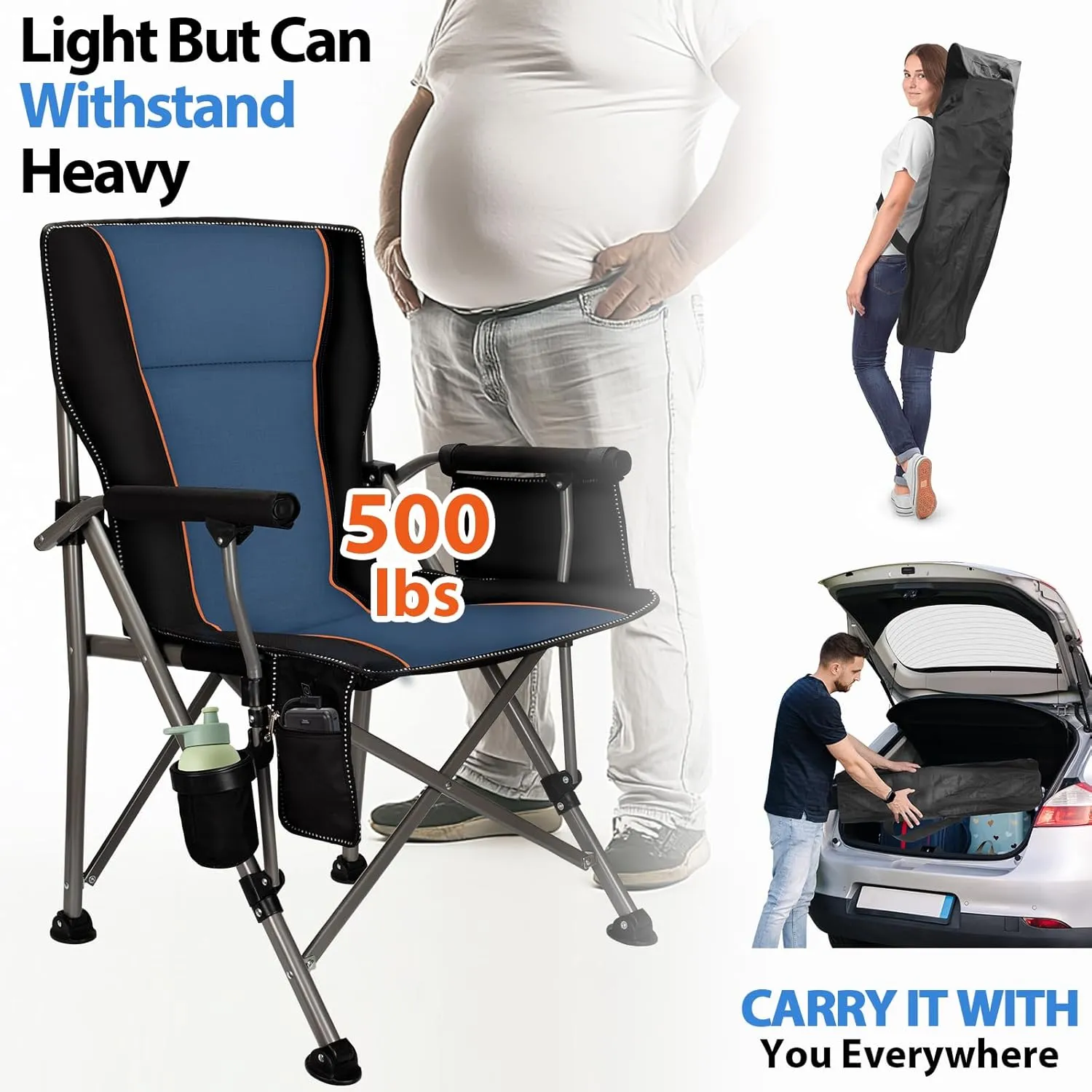 QUYUAN Heated Camping Chair with 20,000 mAh Battery, Fully Padded Heated Camp Chairs, Loog-Lasting for 500 Mins, Heavy Duty Folding Chairs Supports 500 lbs for Camping, Outdoor Sports, Picnics, Beach