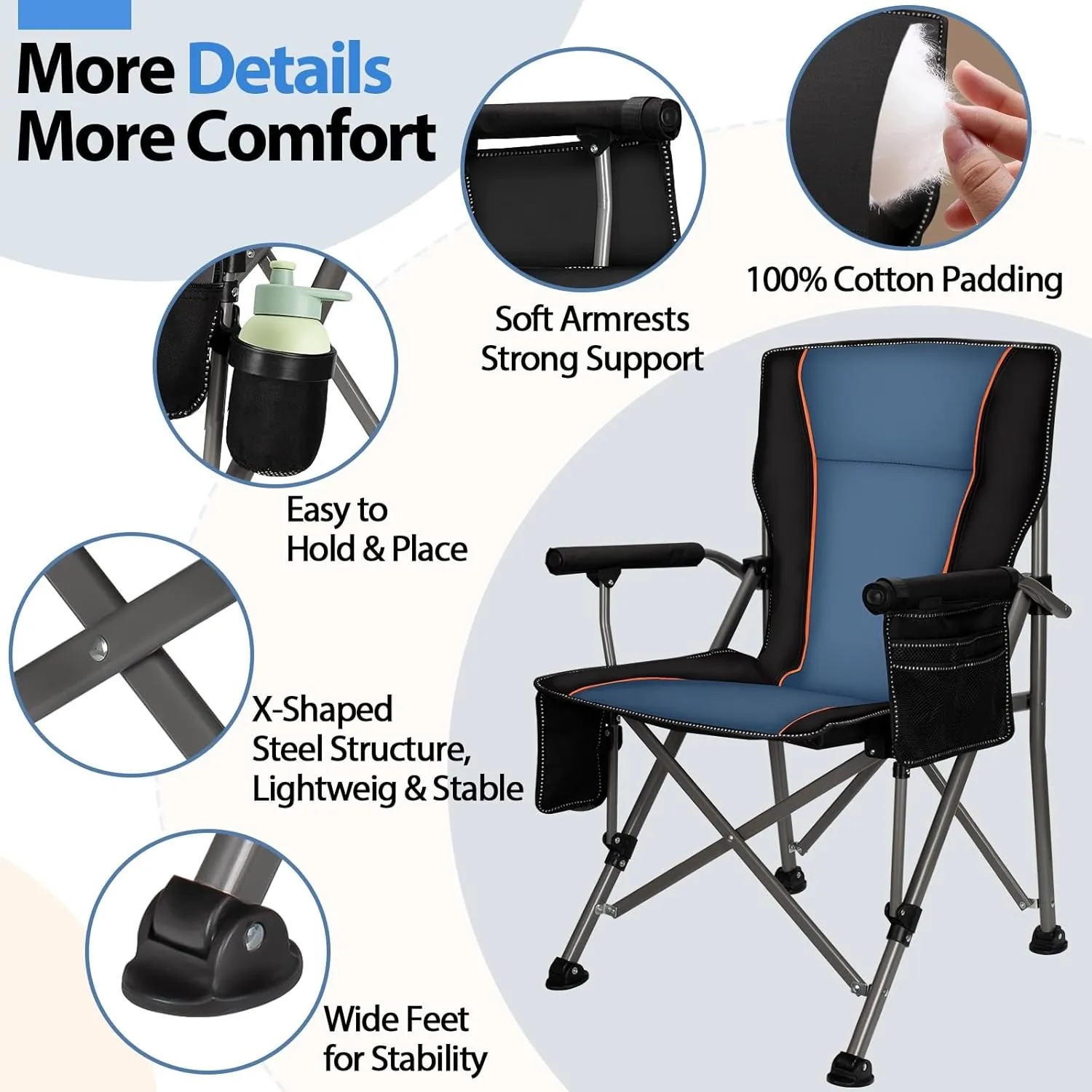 QUYUAN Heated Camping Chair with 20,000 mAh Battery, Fully Padded Heated Camp Chairs, Loog-Lasting for 500 Mins, Heavy Duty Folding Chairs Supports 500 lbs for Camping, Outdoor Sports, Picnics, Beach