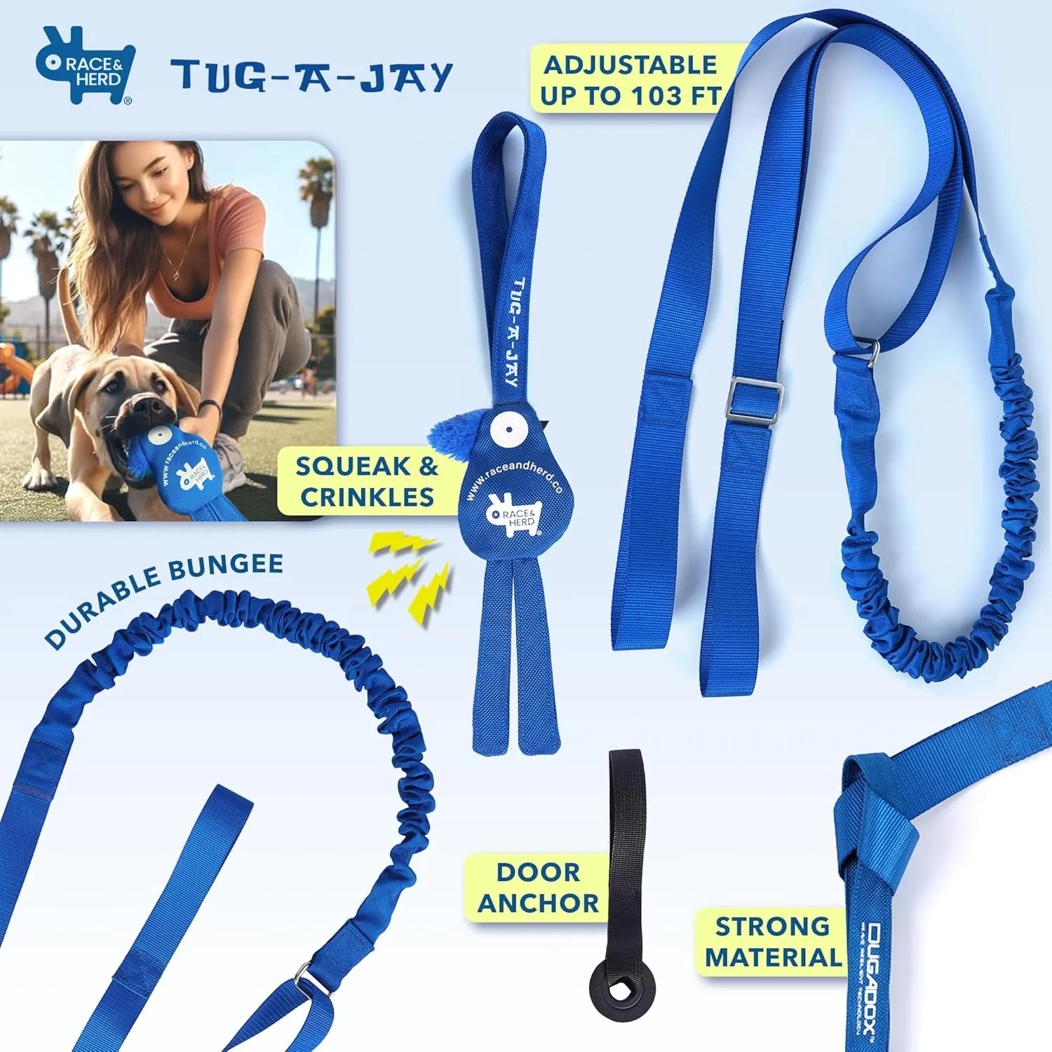 Race&Herd | Tug-A-Jay Outdoor Bungee Rope Toy | Interactive Tree Hanging Exercise Dog Toy for Small to Large Breeds | Durable Tug of War Chew & Tether Play Cord Toys