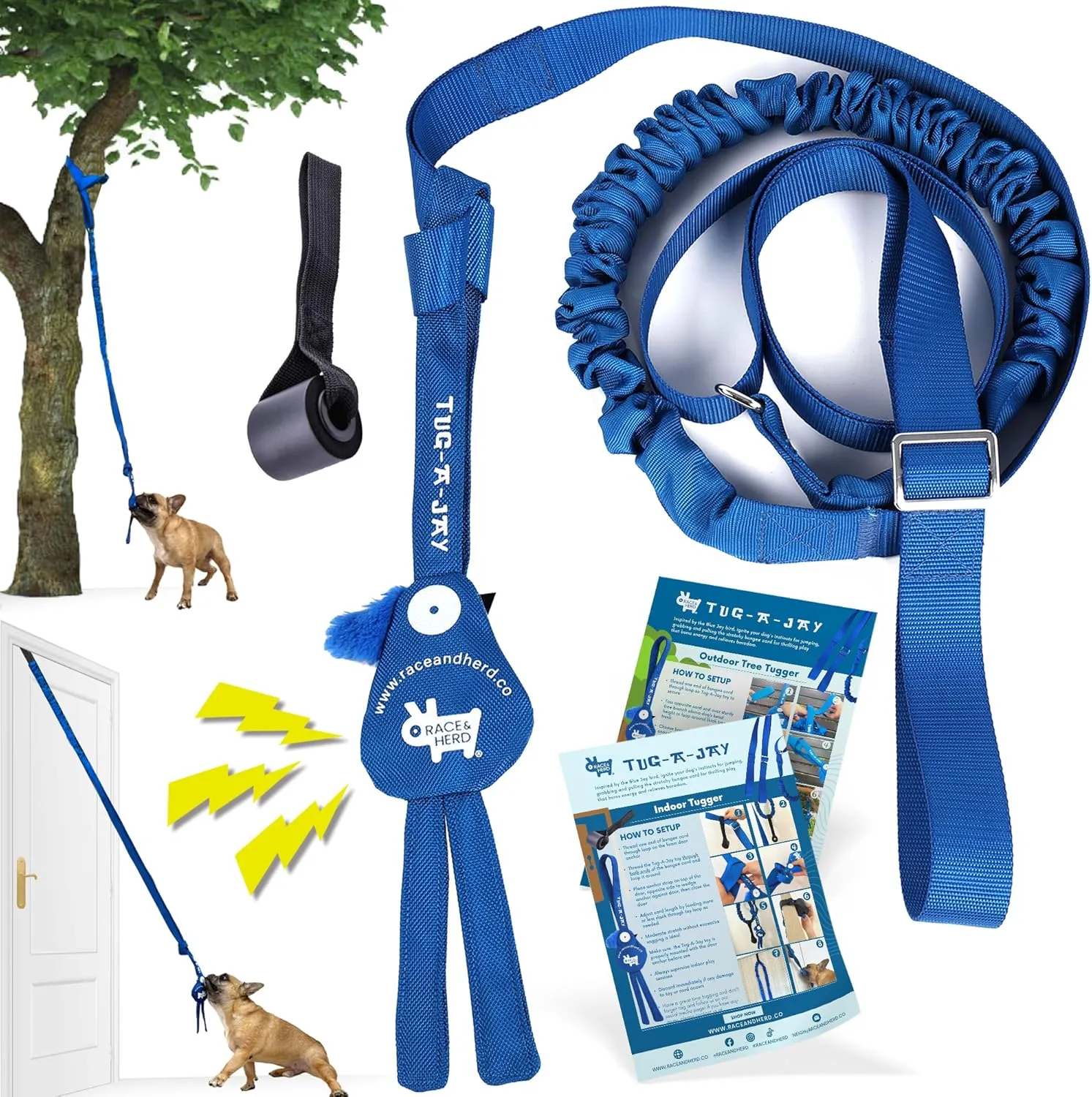 Race&Herd | Tug-A-Jay Outdoor Bungee Rope Toy | Interactive Tree Hanging Exercise Dog Toy for Small to Large Breeds | Durable Tug of War Chew & Tether Play Cord Toys