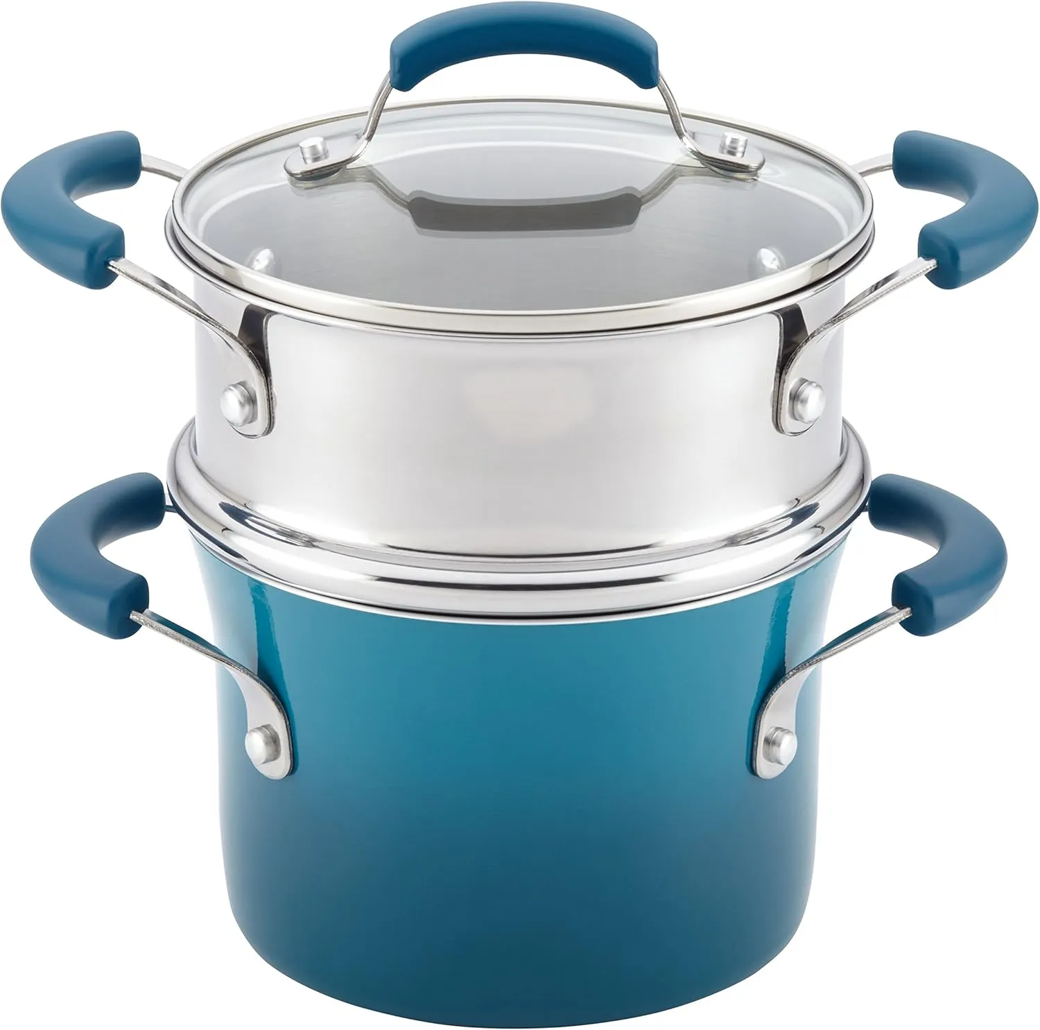 Rachael Ray Brights Sauce Pot/Saucepot with Steamer Insert, 3 Quart, Two-Tone Marine Blue