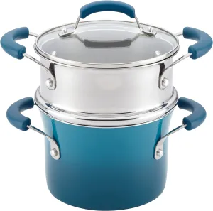 Rachael Ray Brights Sauce Pot/Saucepot with Steamer Insert, 3 Quart, Two-Tone Marine Blue