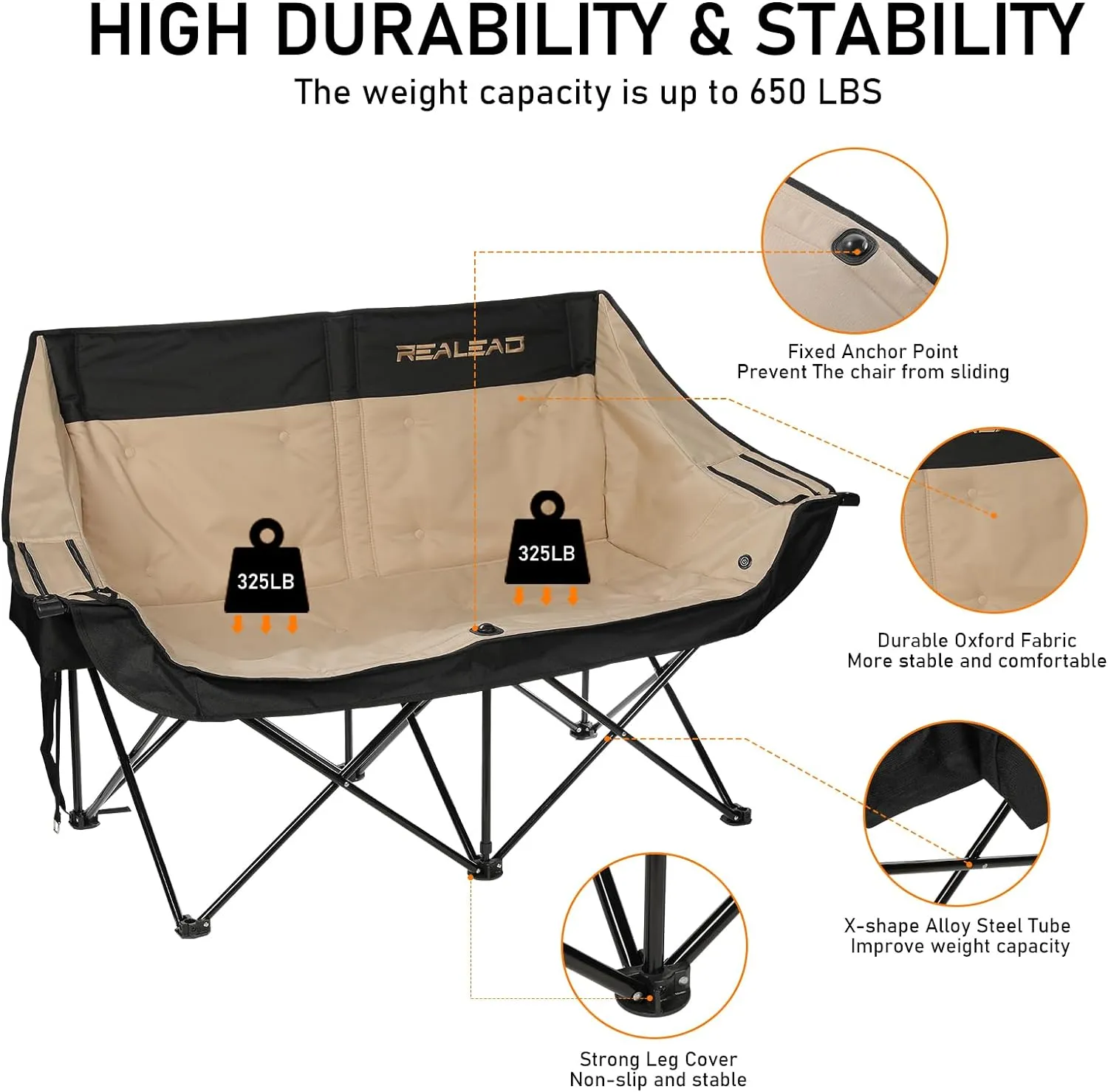 REALEAD Oversized Double Camping Chair - Heavy Duty Camping Loveseat for Adults Two Person Support 650 lbs - Outdoor Folding Camp Chair with Cooler Bags for Outside Picnic Beach