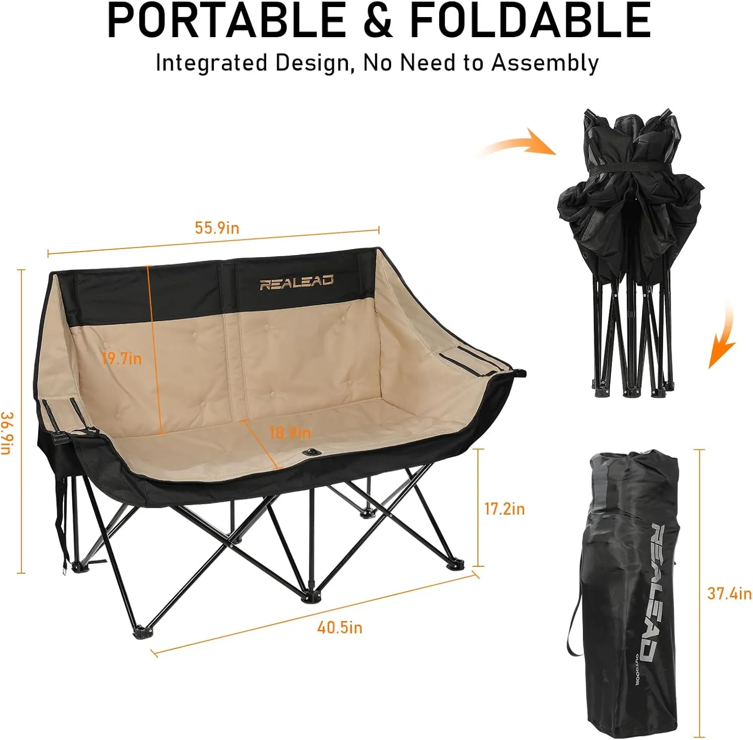 REALEAD Oversized Double Camping Chair - Heavy Duty Camping Loveseat for Adults Two Person Support 650 lbs - Outdoor Folding Camp Chair with Cooler Bags for Outside Picnic Beach