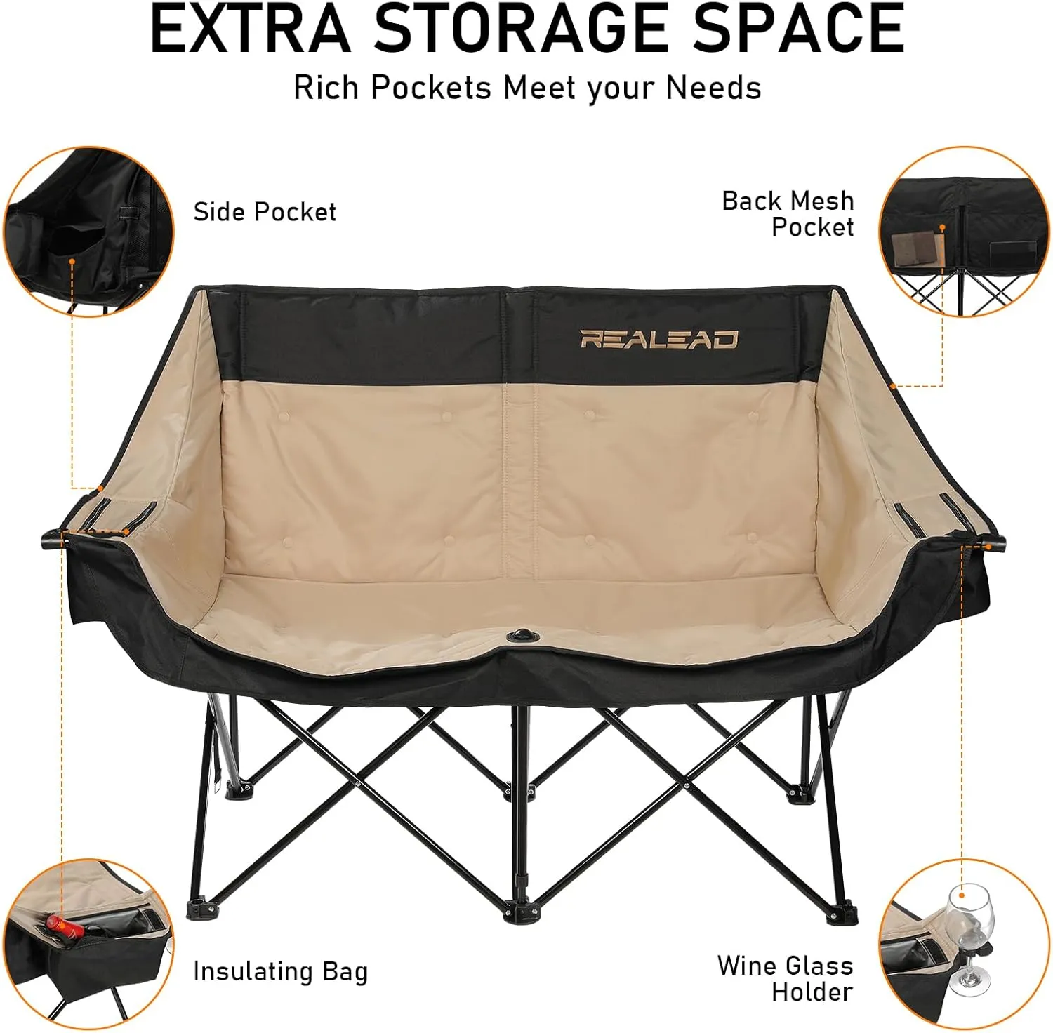 REALEAD Oversized Double Camping Chair - Heavy Duty Camping Loveseat for Adults Two Person Support 650 lbs - Outdoor Folding Camp Chair with Cooler Bags for Outside Picnic Beach