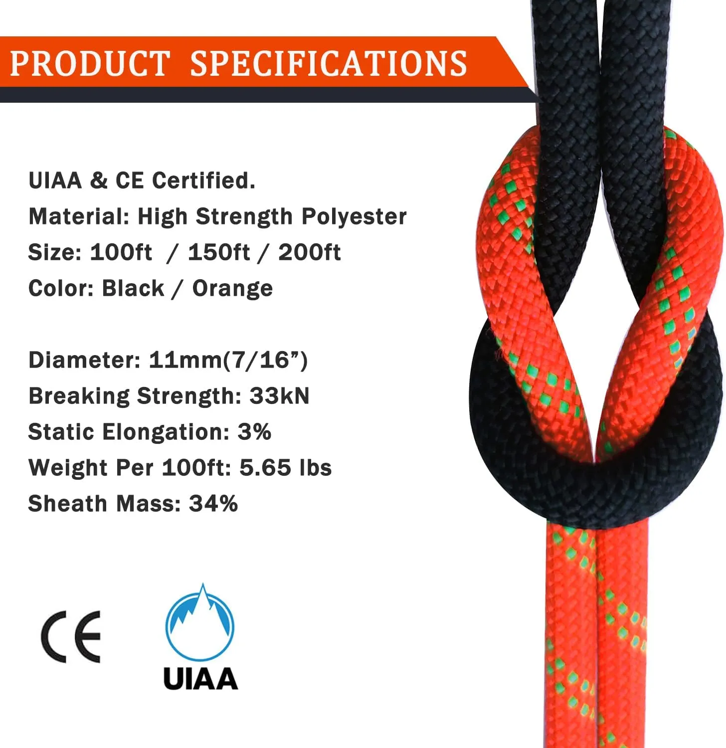 Ritafc Static Rope UIAA Rappelling Rope 11mm 200FT Static Line Nylon Kern Mantle Rope for Rock Climbing, Mountain Tree Climb, Hauling, Rescue Equipment