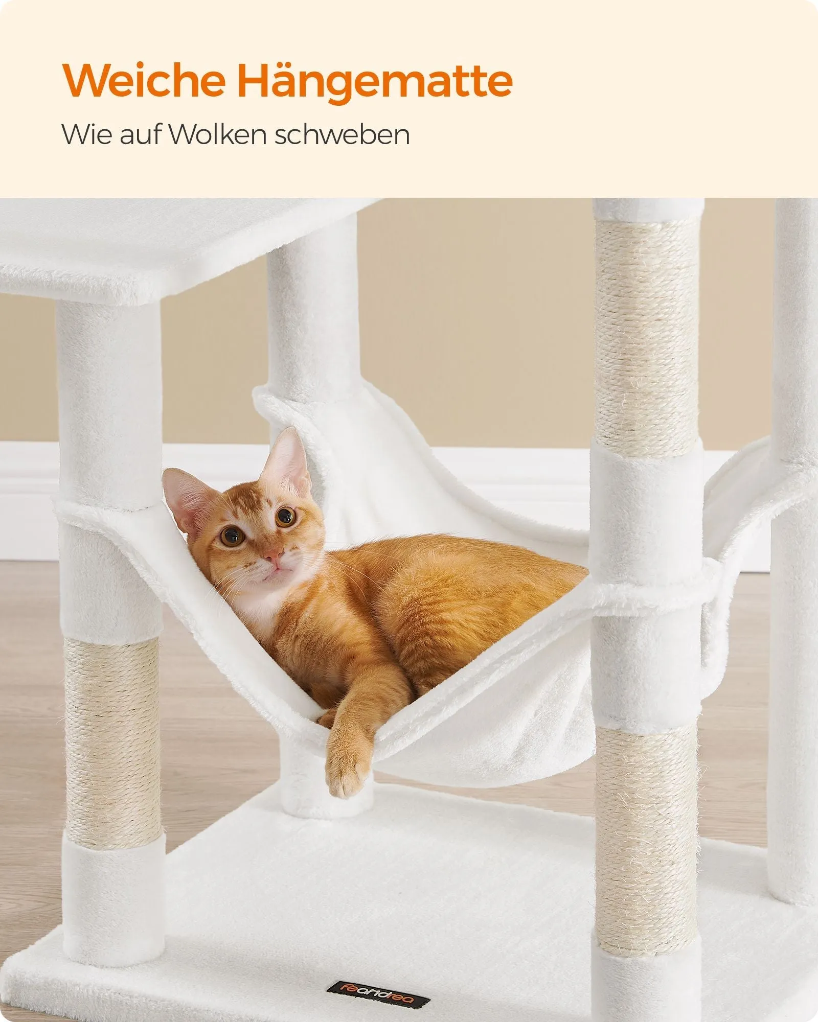 Rootz Cat Scratching Post - Cat Tree - Cat Climber - Chipboard Construction - Plush Covering - Sisal Rope - 55cm x 45cm x 143cm - Cream White - 13kg - Max. 40kg Load Capacity - Ideal for Up to 4 Cats