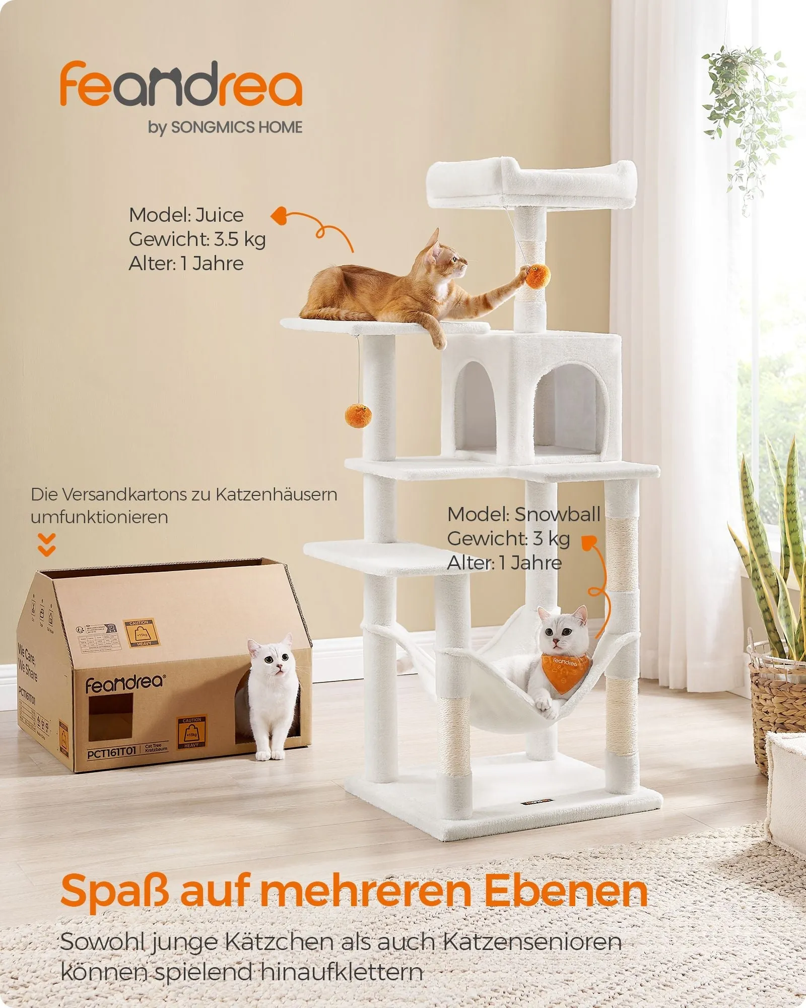 Rootz Cat Scratching Post - Cat Tree - Cat Climber - Chipboard Construction - Plush Covering - Sisal Rope - 55cm x 45cm x 143cm - Cream White - 13kg - Max. 40kg Load Capacity - Ideal for Up to 4 Cats