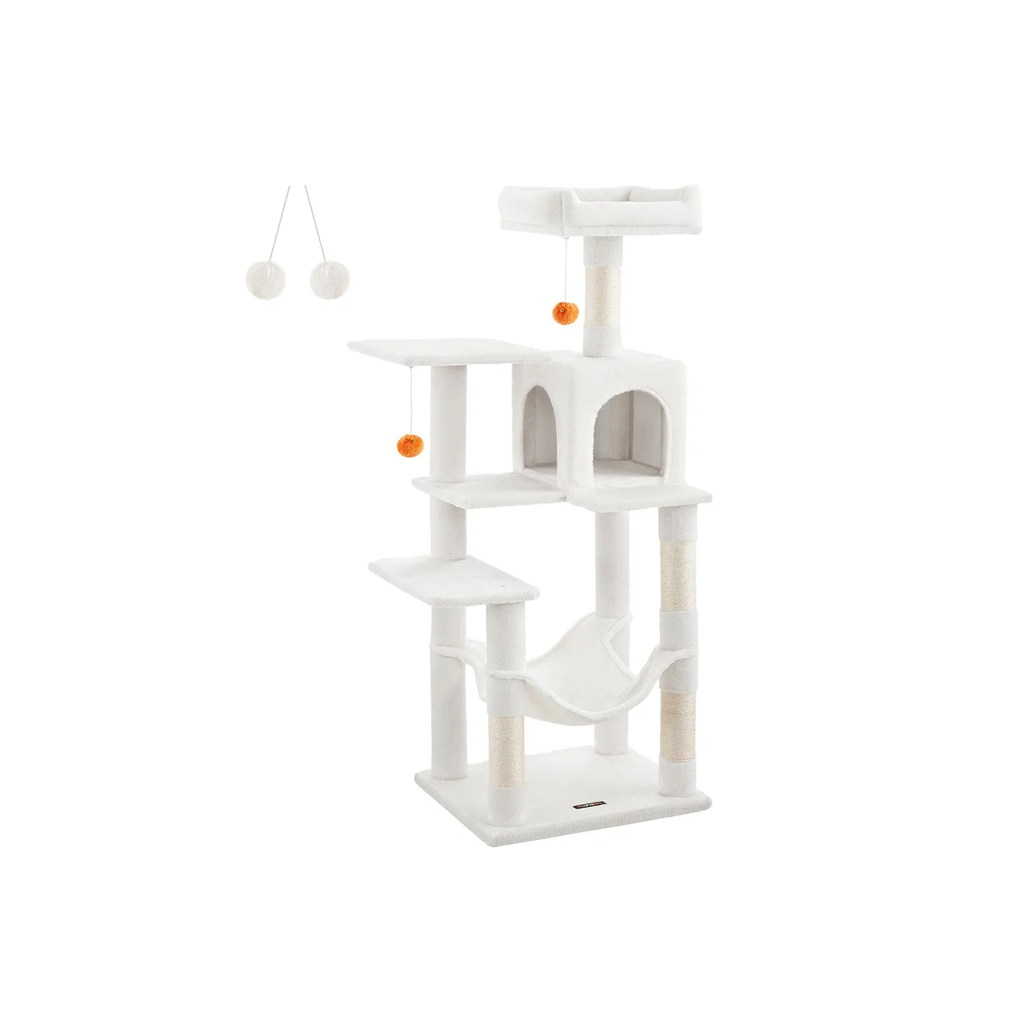 Rootz Cat Scratching Post - Cat Tree - Cat Climber - Chipboard Construction - Plush Covering - Sisal Rope - 55cm x 45cm x 143cm - Cream White - 13kg - Max. 40kg Load Capacity - Ideal for Up to 4 Cats