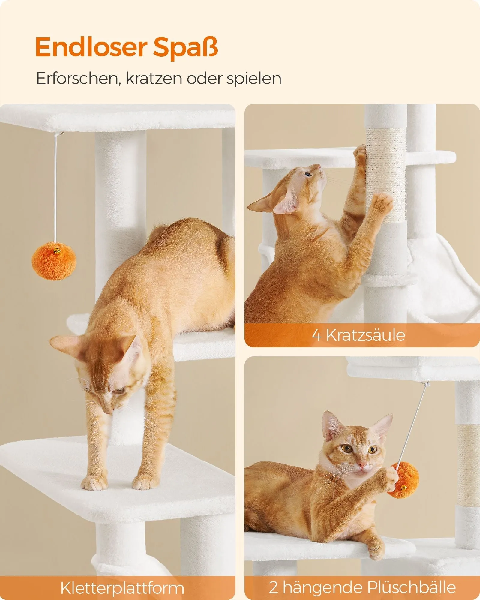 Rootz Cat Scratching Post - Cat Tree - Cat Climber - Chipboard Construction - Plush Covering - Sisal Rope - 55cm x 45cm x 143cm - Cream White - 13kg - Max. 40kg Load Capacity - Ideal for Up to 4 Cats