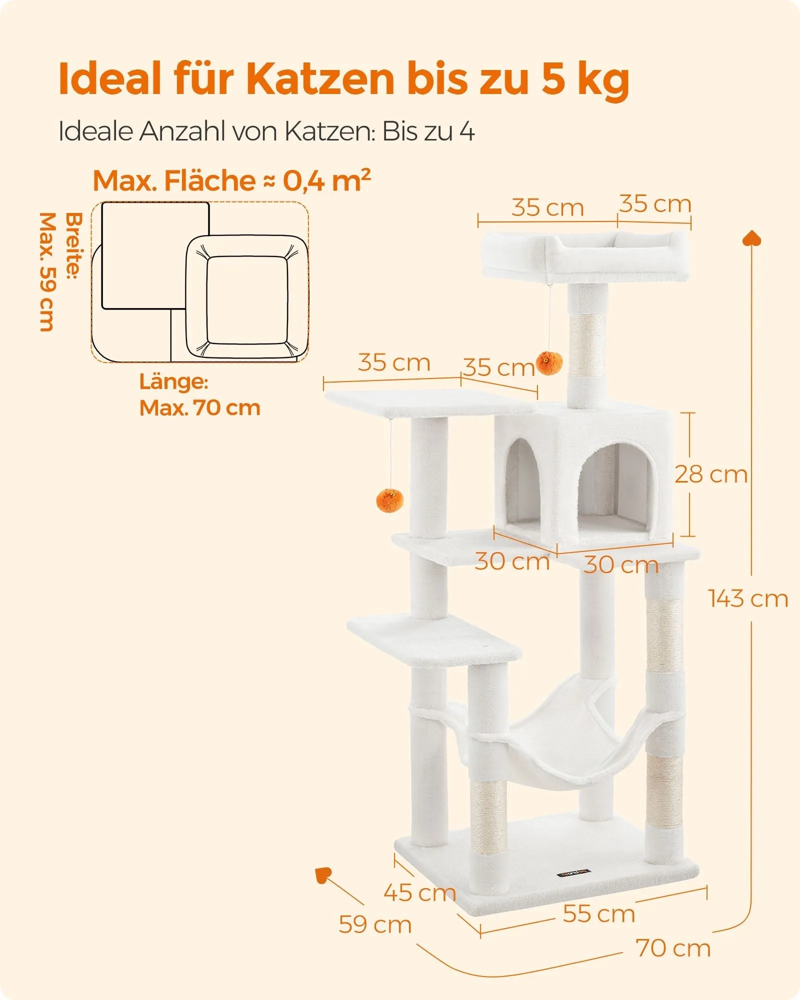Rootz Cat Scratching Post - Cat Tree - Cat Climber - Chipboard Construction - Plush Covering - Sisal Rope - 55cm x 45cm x 143cm - Cream White - 13kg - Max. 40kg Load Capacity - Ideal for Up to 4 Cats