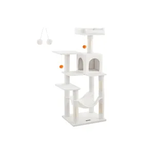 Rootz Cat Scratching Post - Cat Tree - Cat Climber - Chipboard Construction - Plush Covering - Sisal Rope - 55cm x 45cm x 143cm - Cream White - 13kg - Max. 40kg Load Capacity - Ideal for Up to 4 Cats
