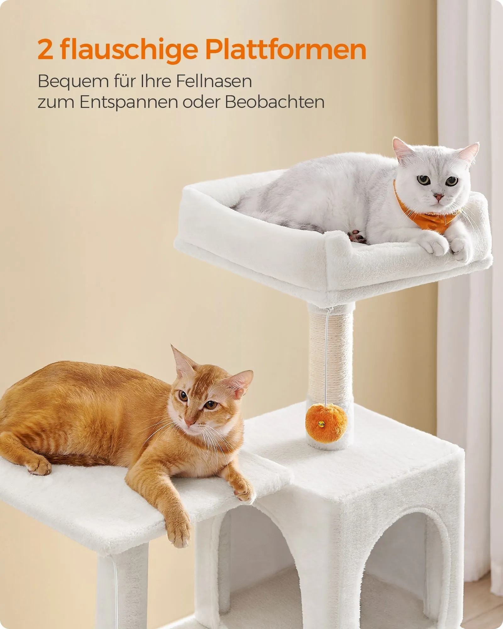 Rootz Cat Scratching Post - Cat Tree - Cat Climber - Chipboard Construction - Plush Covering - Sisal Rope - 55cm x 45cm x 143cm - Cream White - 13kg - Max. 40kg Load Capacity - Ideal for Up to 4 Cats