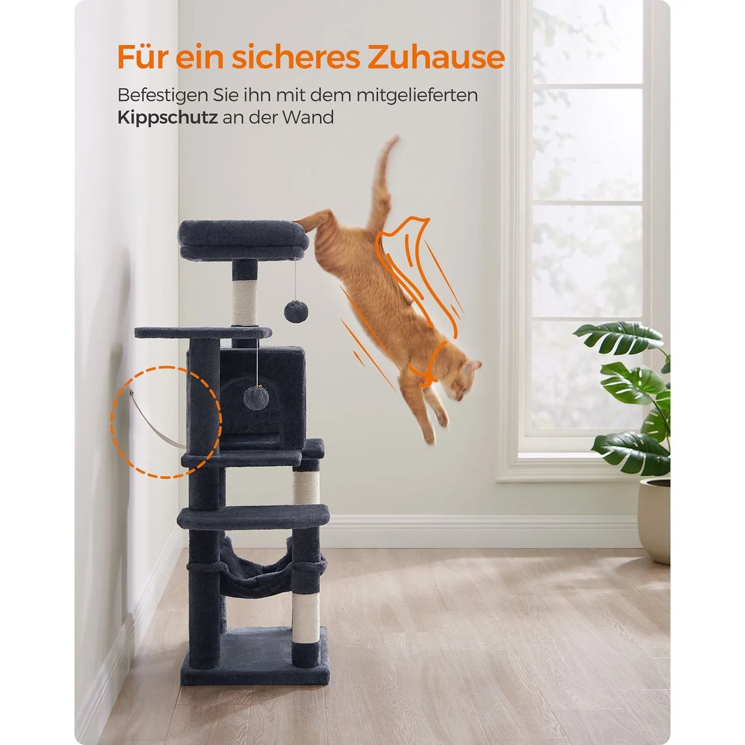 Rootz Cat Scratching Post - Cat Tree - Cat Climbing Frame - Chipboard Construction - 45cm x 35cm x 112cm - Smoke Gray - Plush Cover - Sisal Rope - Sturdy Design - Easy Assembly - Ideal for Multiple Cats - Max. Load Capacity 40kg