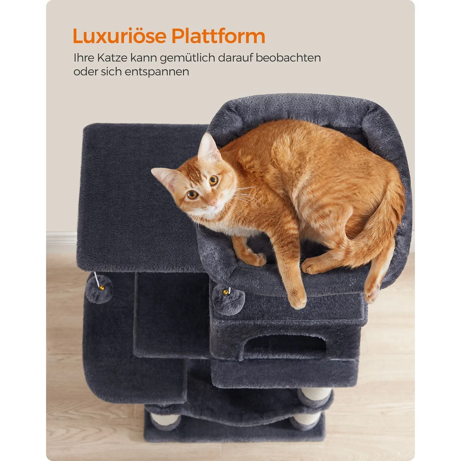 Rootz Cat Scratching Post - Cat Tree - Cat Climbing Frame - Chipboard Construction - 45cm x 35cm x 112cm - Smoke Gray - Plush Cover - Sisal Rope - Sturdy Design - Easy Assembly - Ideal for Multiple Cats - Max. Load Capacity 40kg