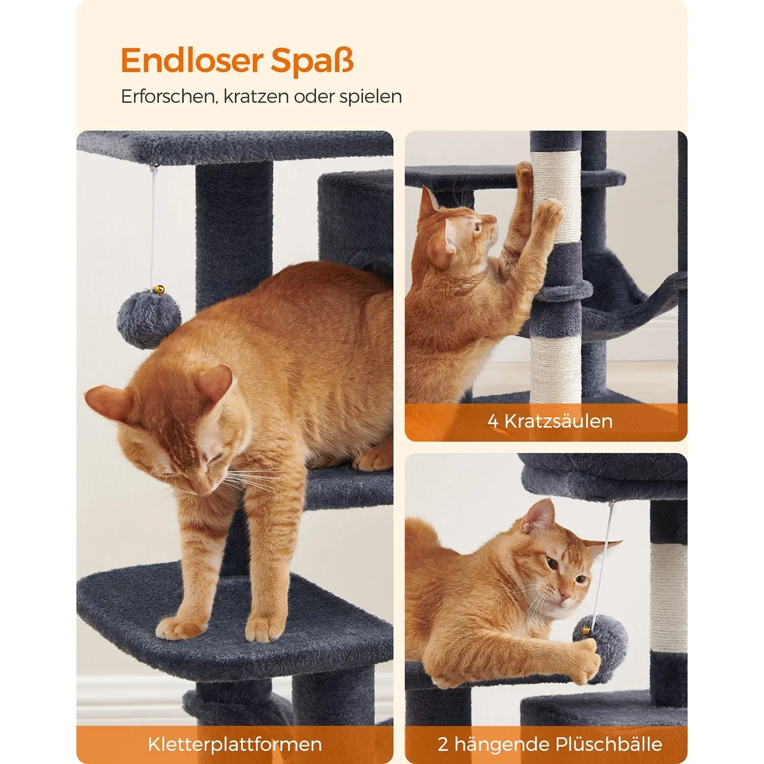 Rootz Cat Scratching Post - Cat Tree - Cat Climbing Frame - Chipboard Construction - 45cm x 35cm x 112cm - Smoke Gray - Plush Cover - Sisal Rope - Sturdy Design - Easy Assembly - Ideal for Multiple Cats - Max. Load Capacity 40kg