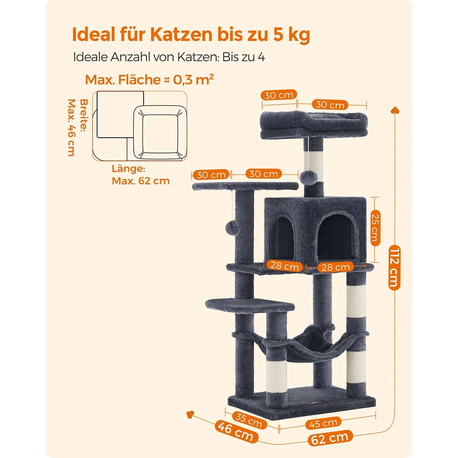 Rootz Cat Scratching Post - Cat Tree - Cat Climbing Frame - Chipboard Construction - 45cm x 35cm x 112cm - Smoke Gray - Plush Cover - Sisal Rope - Sturdy Design - Easy Assembly - Ideal for Multiple Cats - Max. Load Capacity 40kg