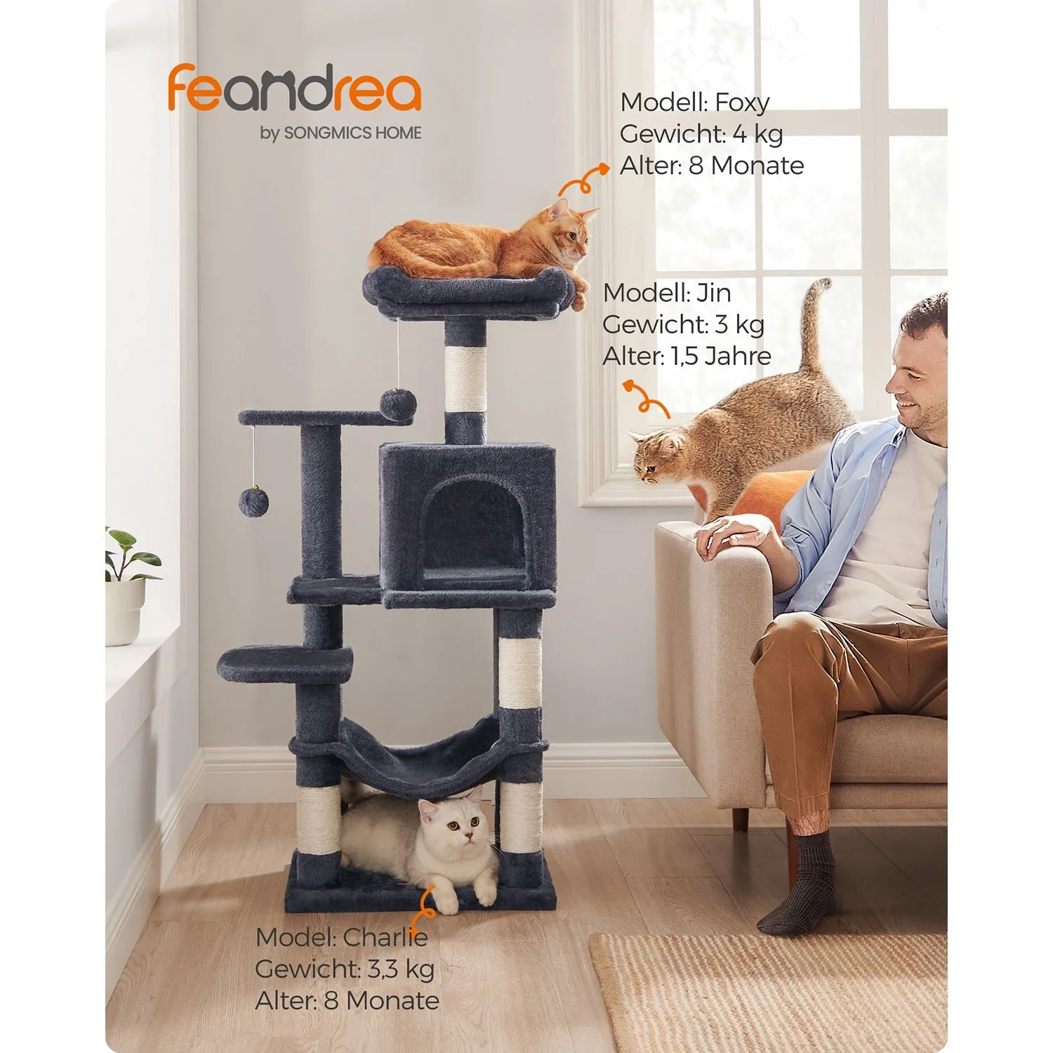 Rootz Cat Scratching Post - Cat Tree - Cat Climbing Frame - Chipboard Construction - 45cm x 35cm x 112cm - Smoke Gray - Plush Cover - Sisal Rope - Sturdy Design - Easy Assembly - Ideal for Multiple Cats - Max. Load Capacity 40kg