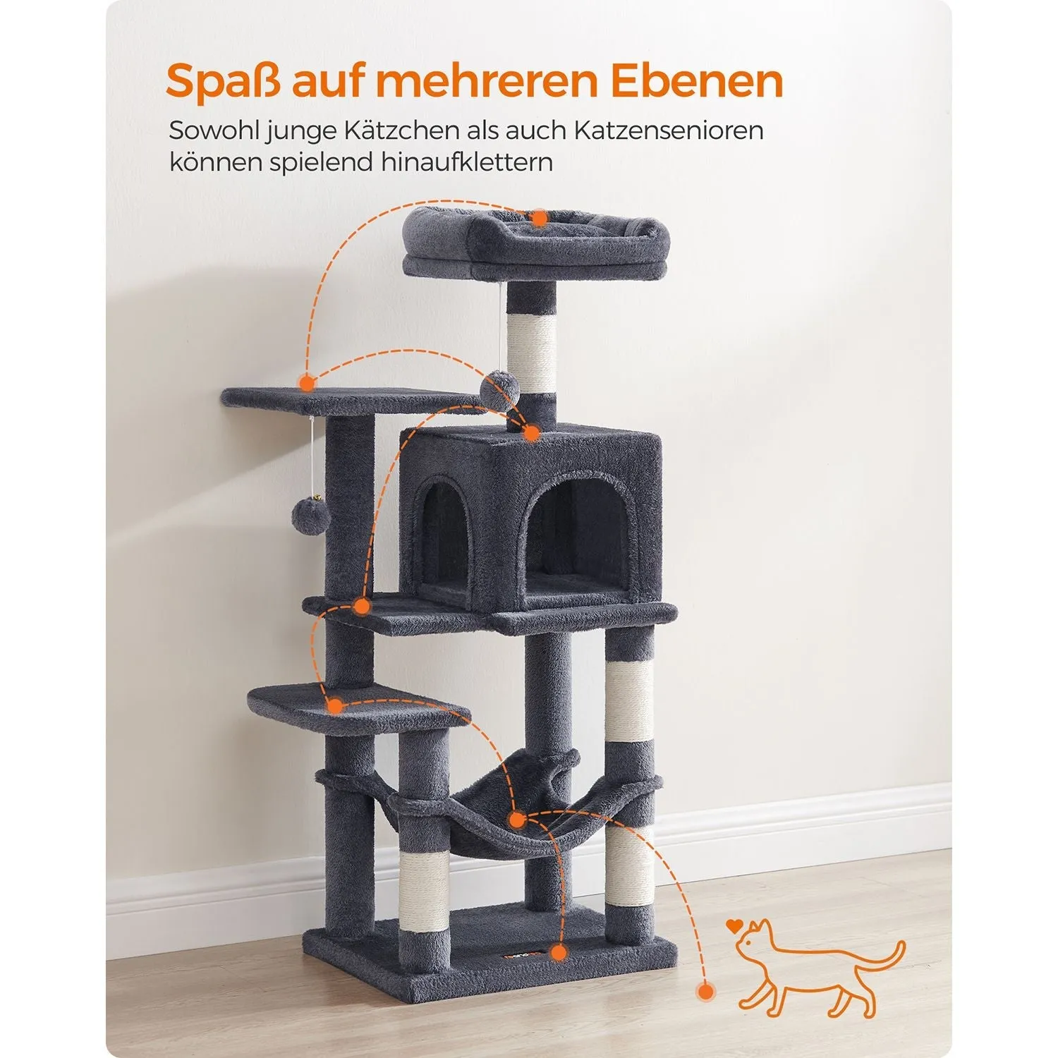 Rootz Cat Scratching Post - Cat Tree - Cat Climbing Frame - Chipboard Construction - 45cm x 35cm x 112cm - Smoke Gray - Plush Cover - Sisal Rope - Sturdy Design - Easy Assembly - Ideal for Multiple Cats - Max. Load Capacity 40kg