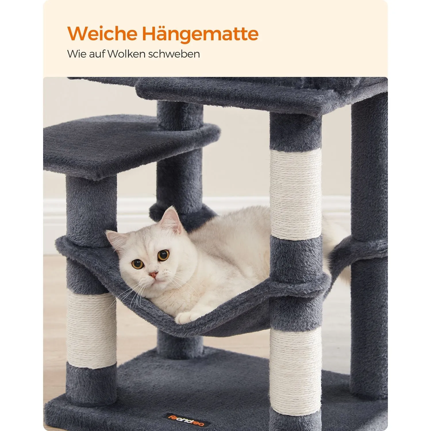 Rootz Cat Scratching Post - Cat Tree - Cat Climbing Frame - Chipboard Construction - 45cm x 35cm x 112cm - Smoke Gray - Plush Cover - Sisal Rope - Sturdy Design - Easy Assembly - Ideal for Multiple Cats - Max. Load Capacity 40kg
