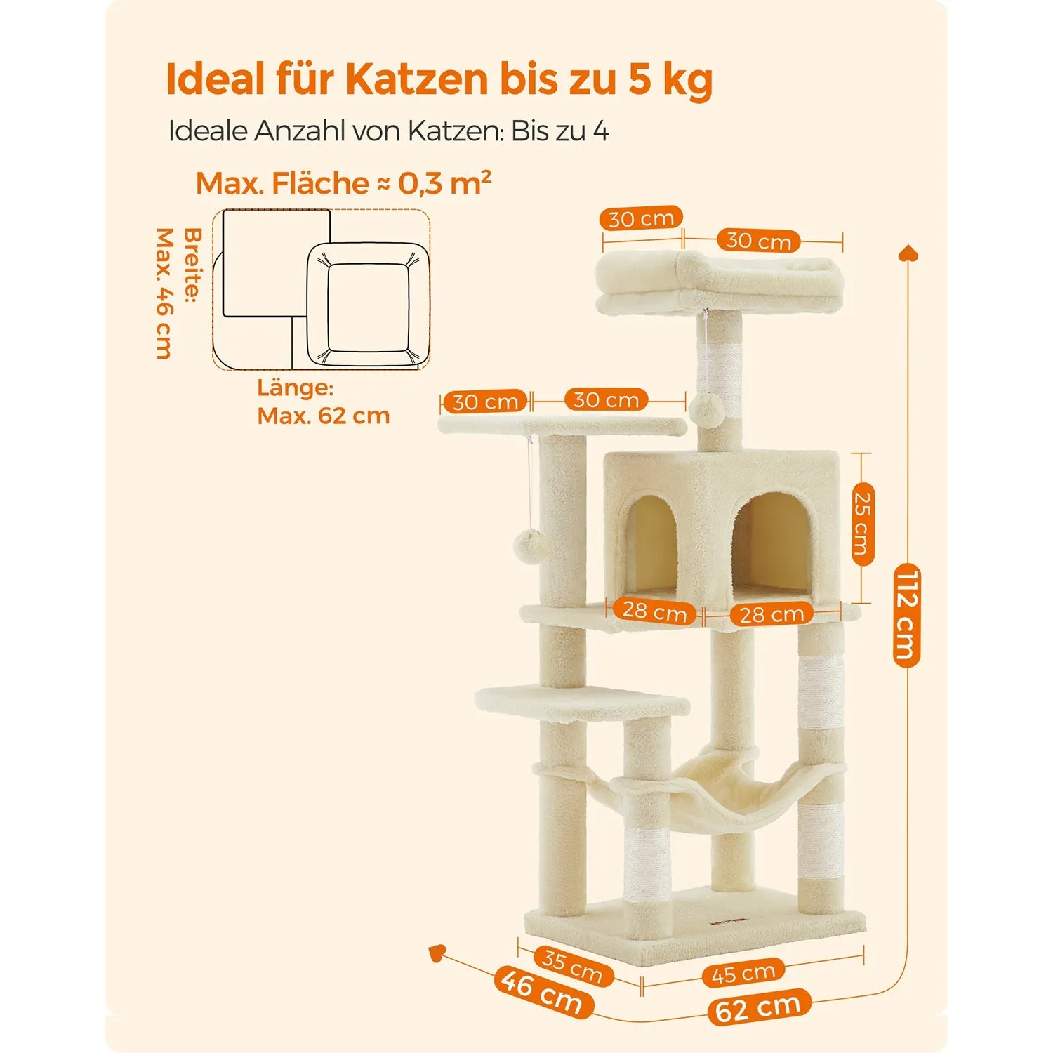 Rootz Cat Scratching Post - Cat Tree - Cat Climbing Frame - Chipboard Construction - Plush Covering - Sisal Rope - 45cm x 35cm x 112cm