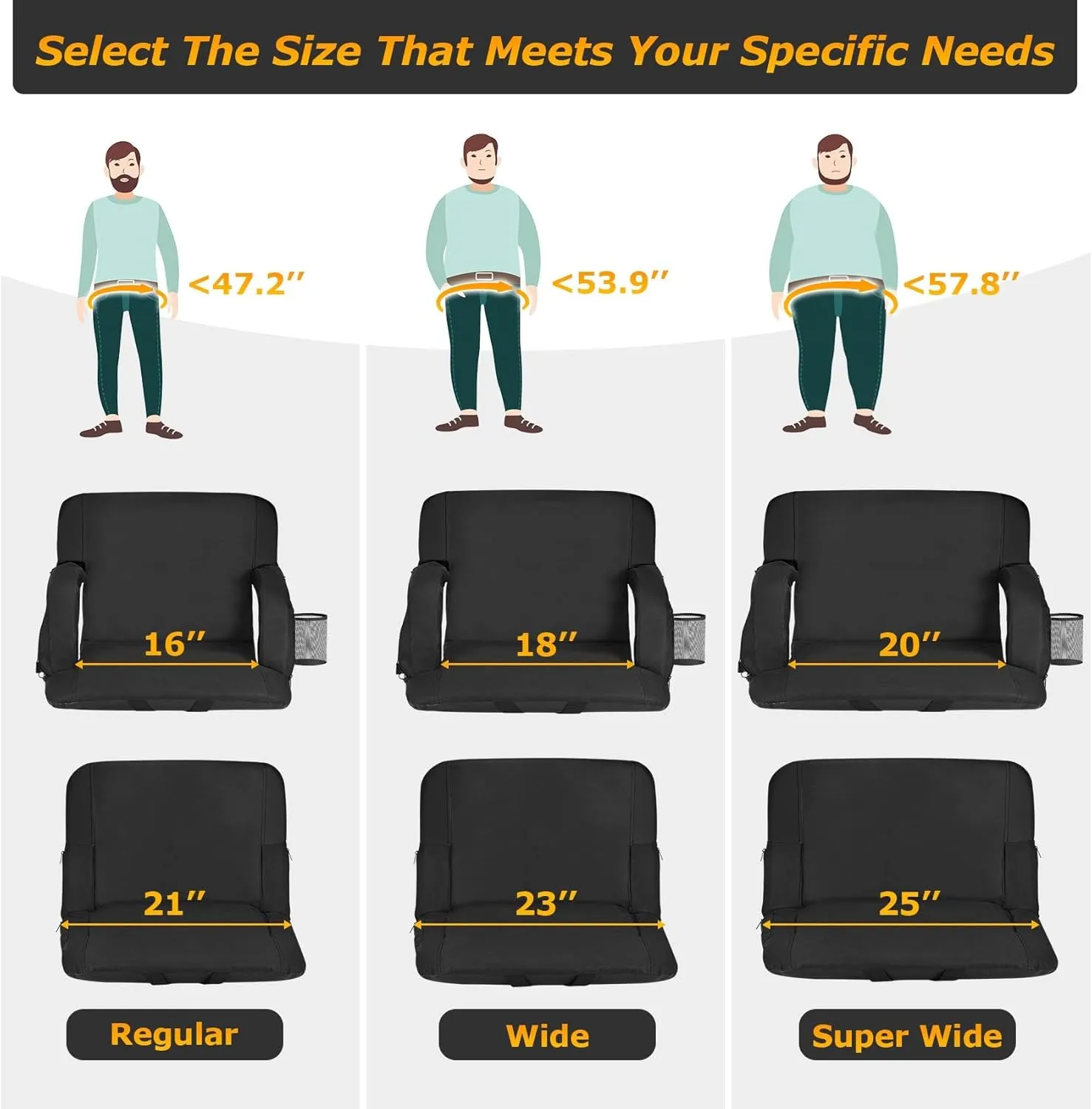 Seeutek Heated Stadium Seats with Back Support and Wide Cushions for Bleachers, Portable Bleacher Chairs with Backrest, USB 3 Levels and 5 Pockets Foldable Stadium Chairs for Sports,1PC 23Inch