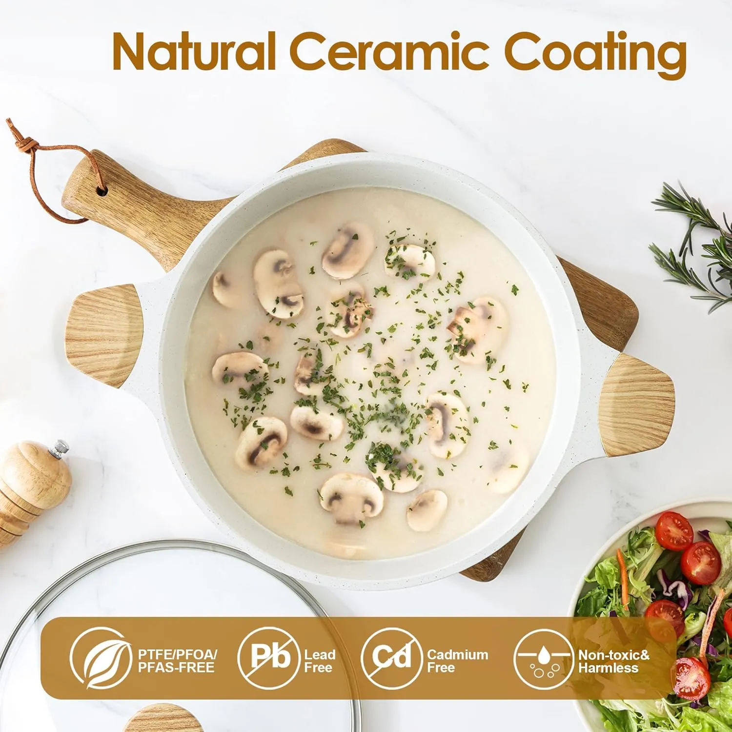 SENSARTE Ceramic Nonstick Stock Pot with Lid, 4.5 Quart Induction Cooking Pot with Tempered Glass Lid, Stew Pot for Soup, Oatmeal and Pasta, PFAS and PTFE Free Casserole, White