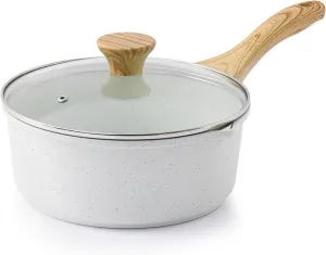 SENSARTE White Ceramic Nonstick Saucepan with Double Spout 3.0 Quarts, Medium Cooking Pot with Stay Cool Handle, Induction Compatible Saucepot with Lid, White Granite Coating, PFOA/PFAS Free