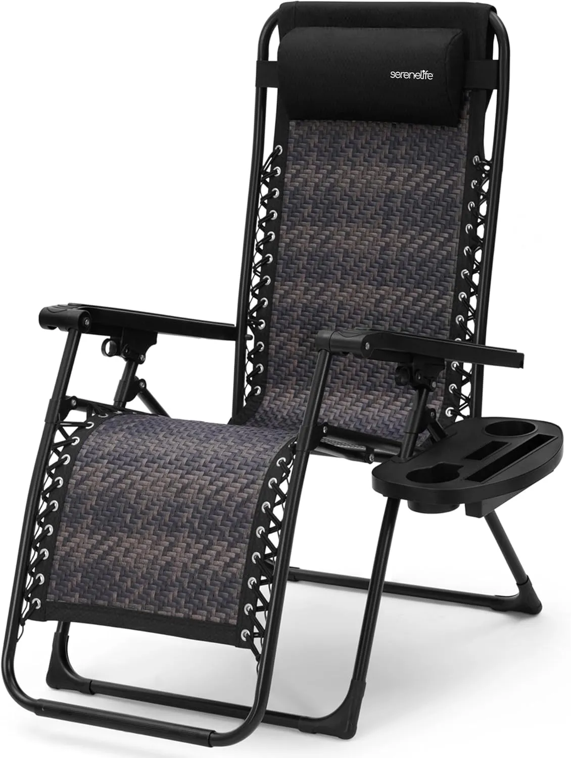 SereneLife Outdoor Adjustable Foldable Zero Gravity Lawn Chair – Weather-Resistant Rattan Recliner with Lockable Position, Detachable Side Table & Cup Holder, 265 lbs Capacity, Patio & Camping